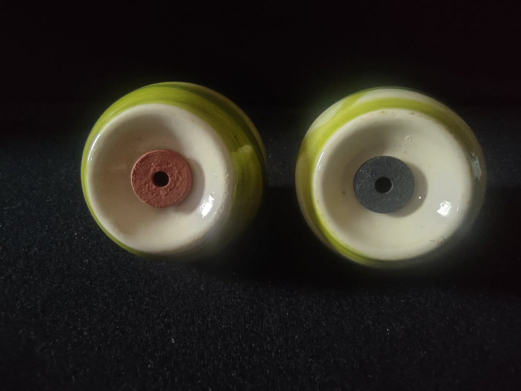 Vernonware Tam O'Shanter salt and pepper shakers top view showing shaker holes