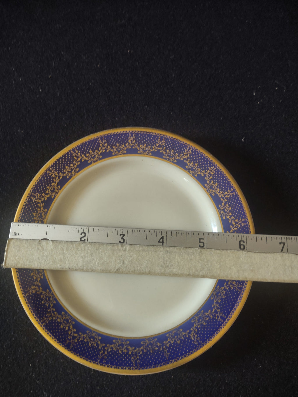 Side profile view of plate showing cobalt blue border and gold rim