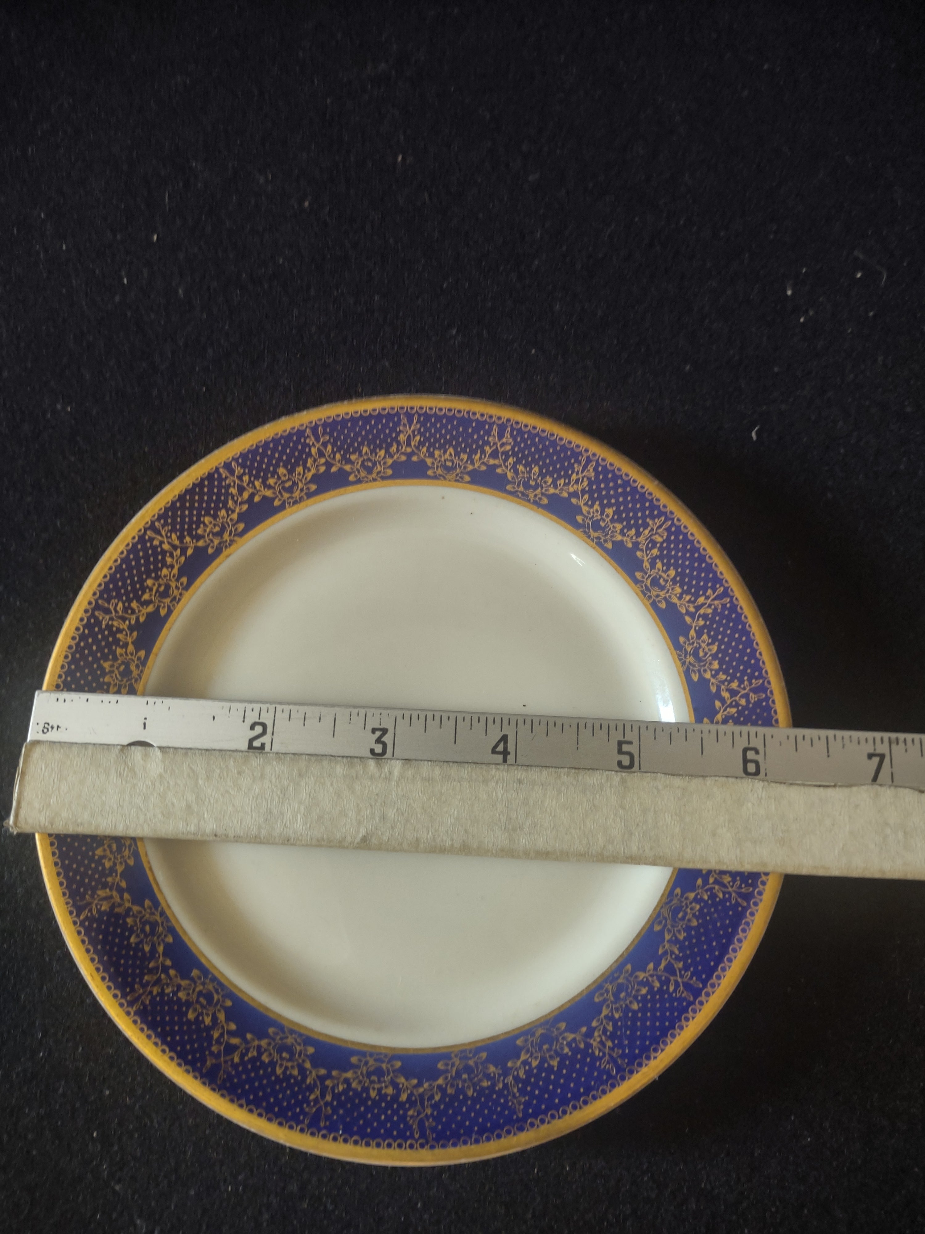 Side profile view of plate showing cobalt blue border and gold rim