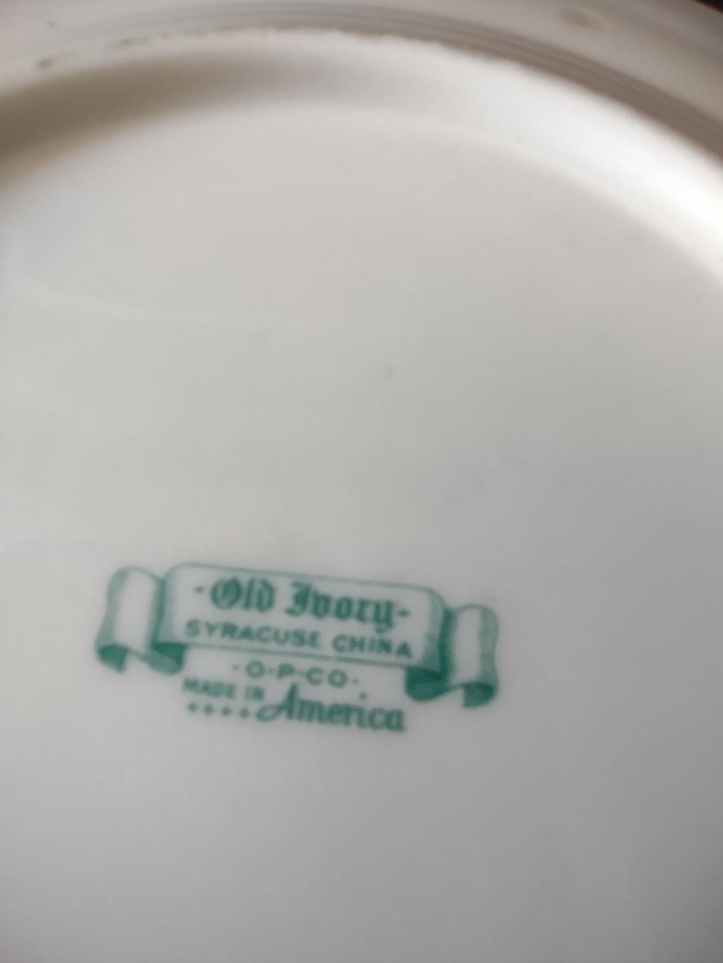 Back of plate showing Old Ivory Syracuse China green backstamp mark
