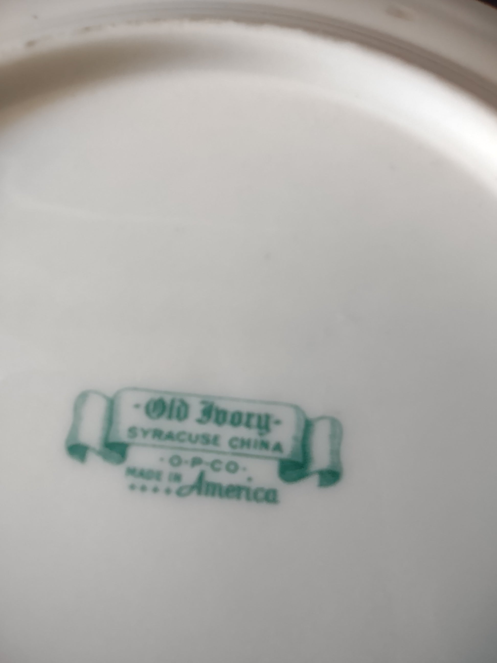 Back of plate showing Old Ivory Syracuse China green backstamp mark