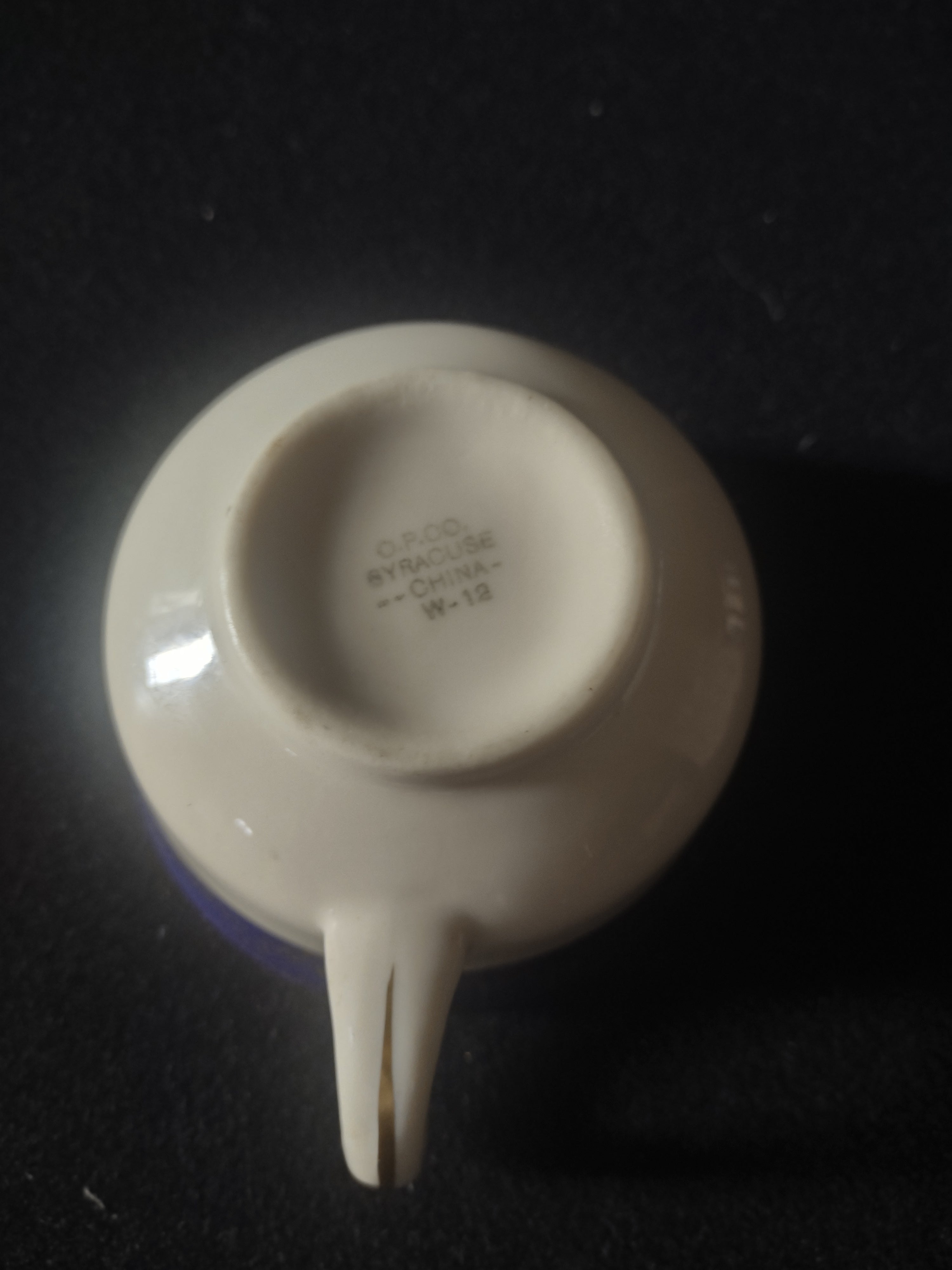 Vintage O.P.Co. Syracuse China W-12 teacup, bottom backstamp view