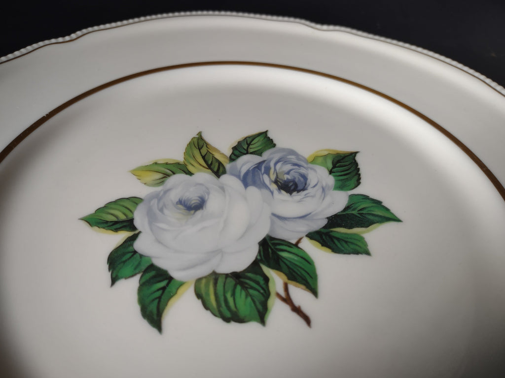 Castleton China York Rose plate close-up of rose detail and green leaves