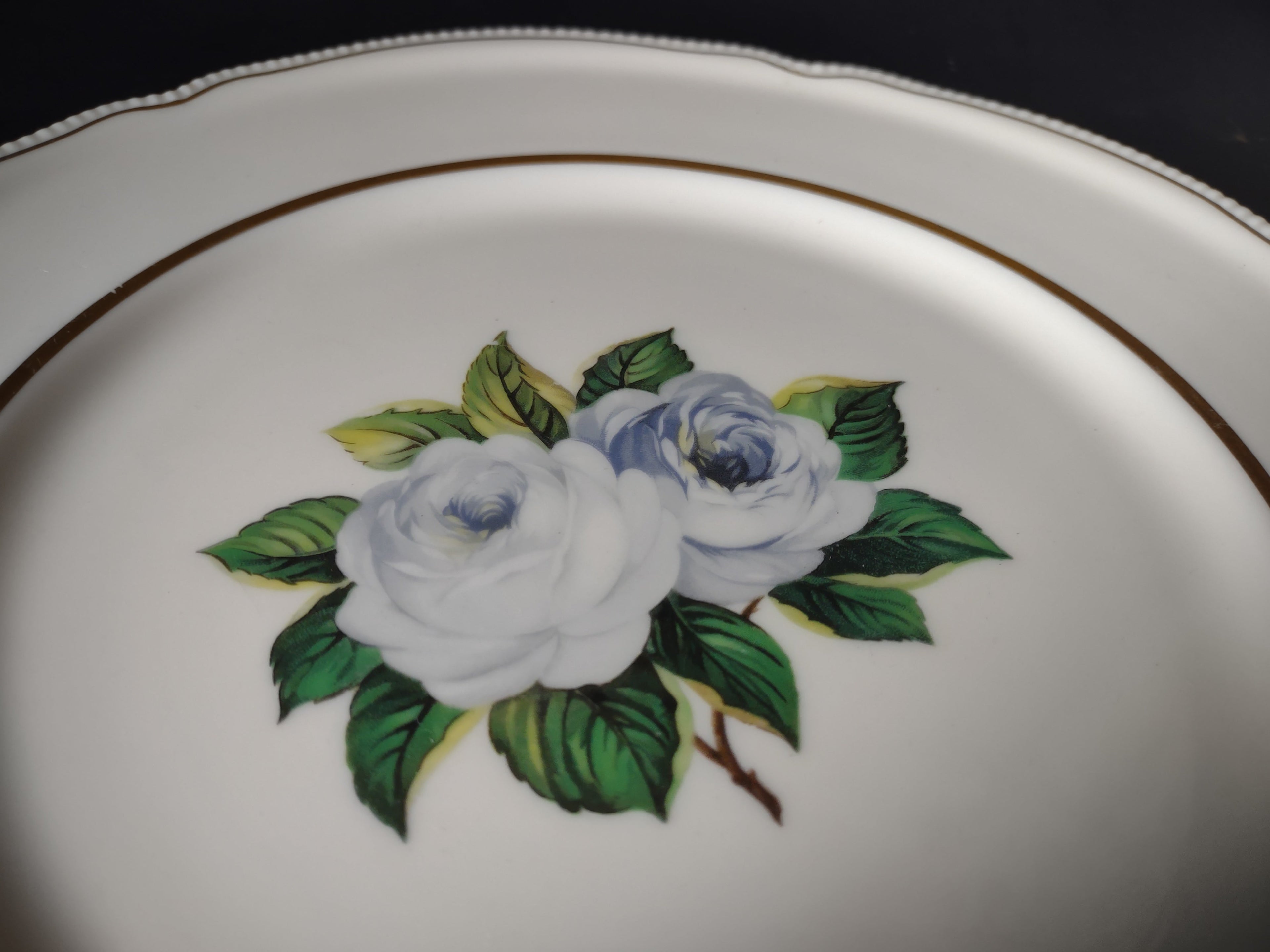Castleton China York Rose plate close-up of rose detail and green leaves