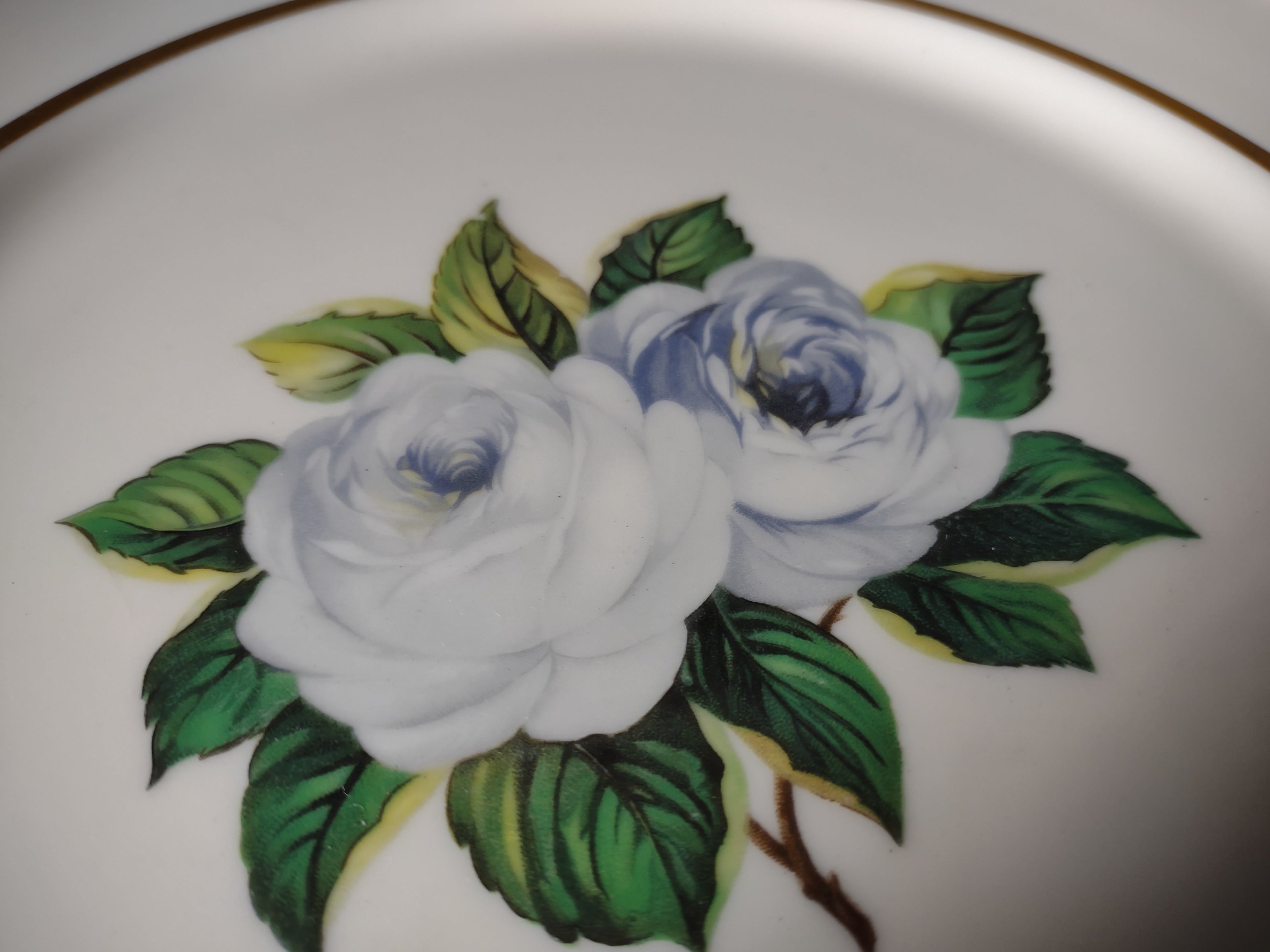Castleton China York Rose plate close-up of scalloped beaded rim and gold band