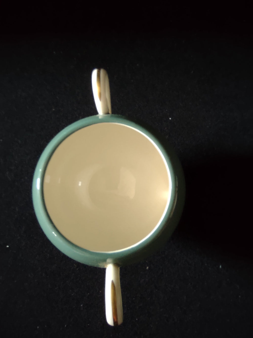 Vintage Flintridge China teal open sugar bowl - angled view showing scroll handle detail and gold trim foot band