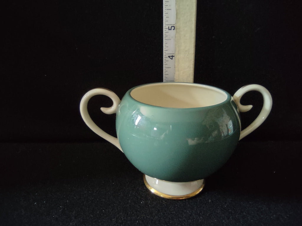 Vintage Flintridge China teal open sugar bowl - bottom view showing Flintridge China backstamp and off-white unglazed foot
