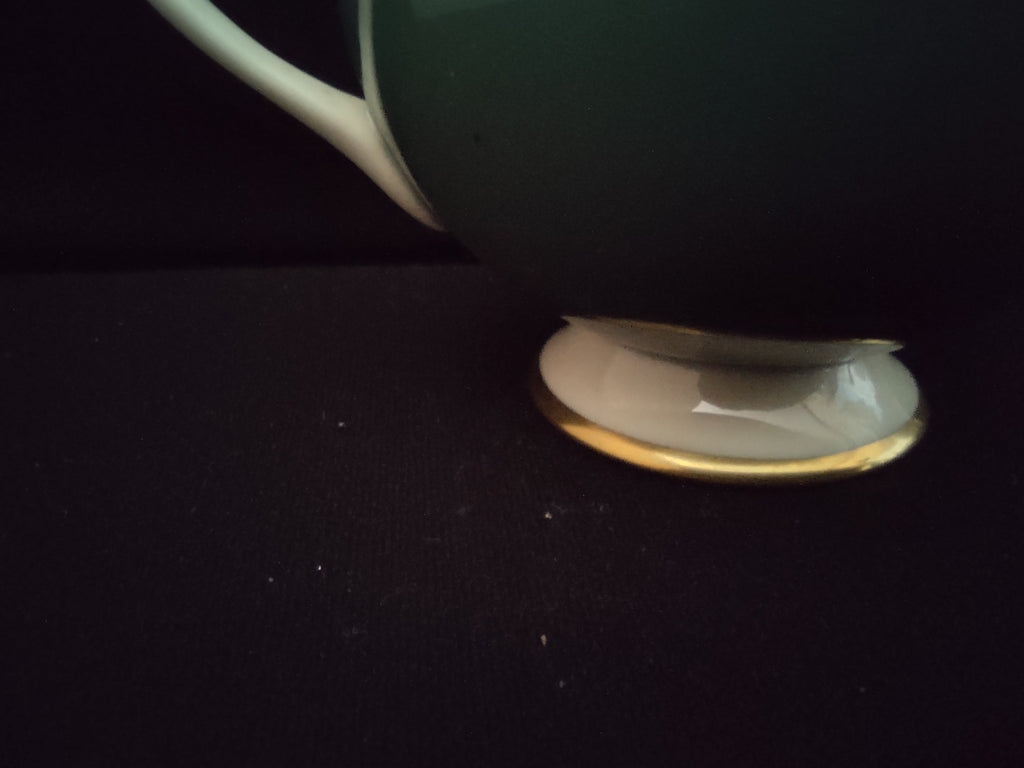 Vintage Flintridge China teal open sugar bowl foot rim detail showing CHIP on foot rim