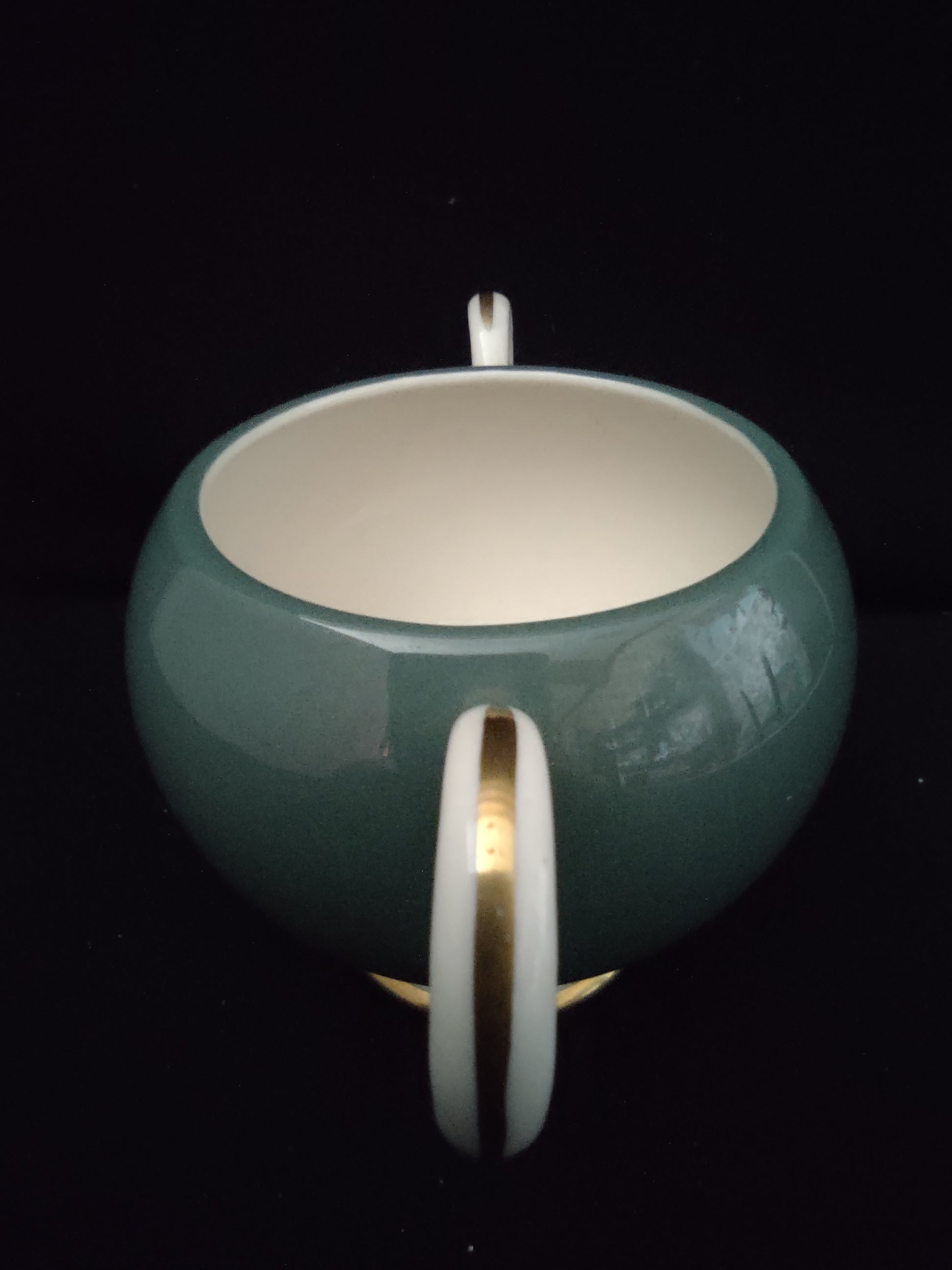 Vintage Flintridge China teal open sugar bowl - front view showing teal glaze and off-white scroll handles
