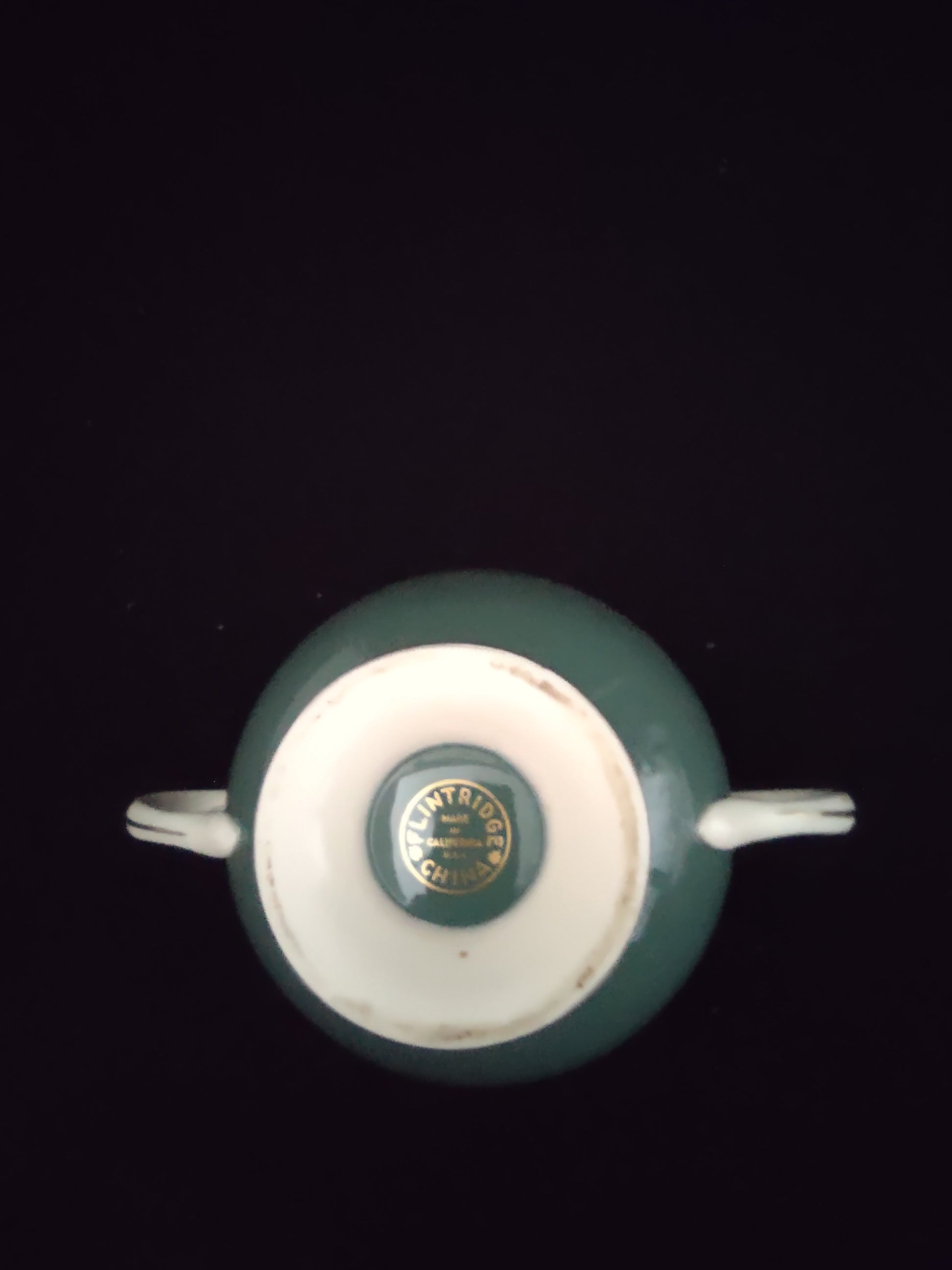 Vintage Flintridge China teal open sugar bowl - top view showing off-white interior and scroll handles