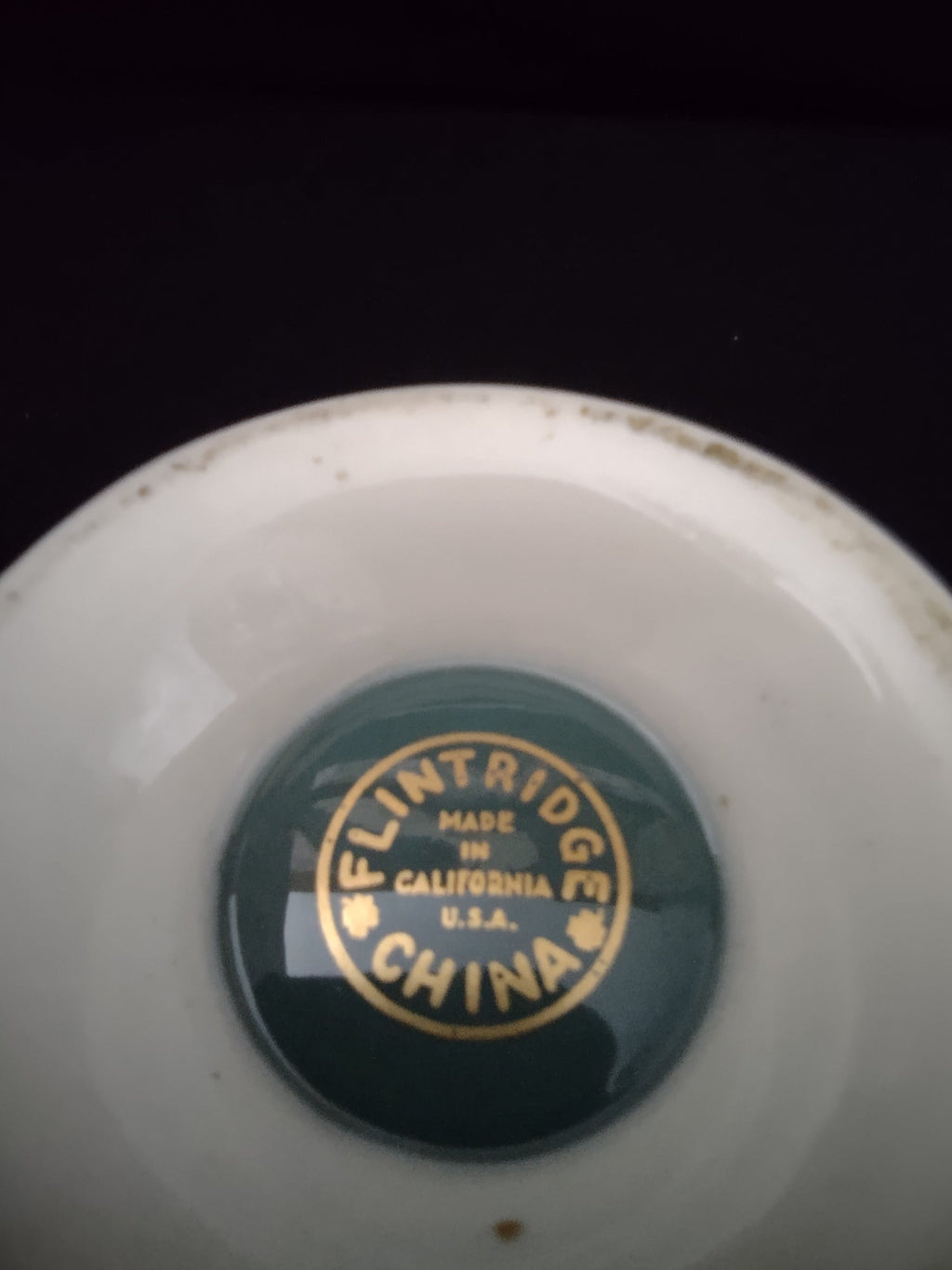 Flintridge China backstamp - Made in California USA - teal mark with gold lettering