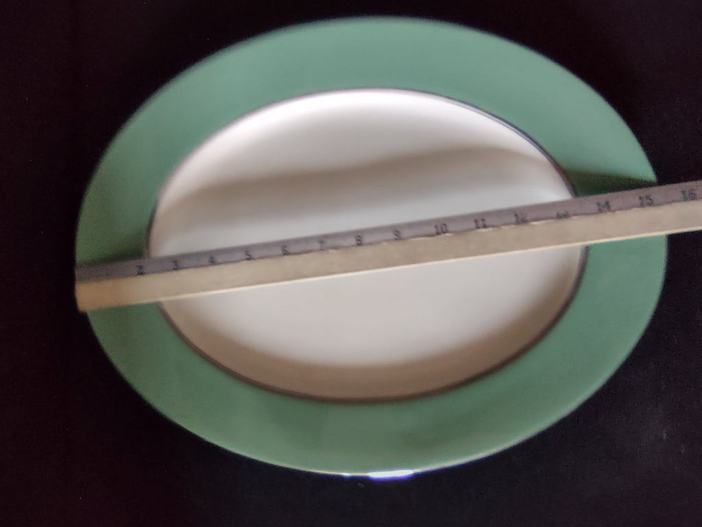 Vintage Shenango Gateway China Michele oval platter - close-up of green border and platinum trim