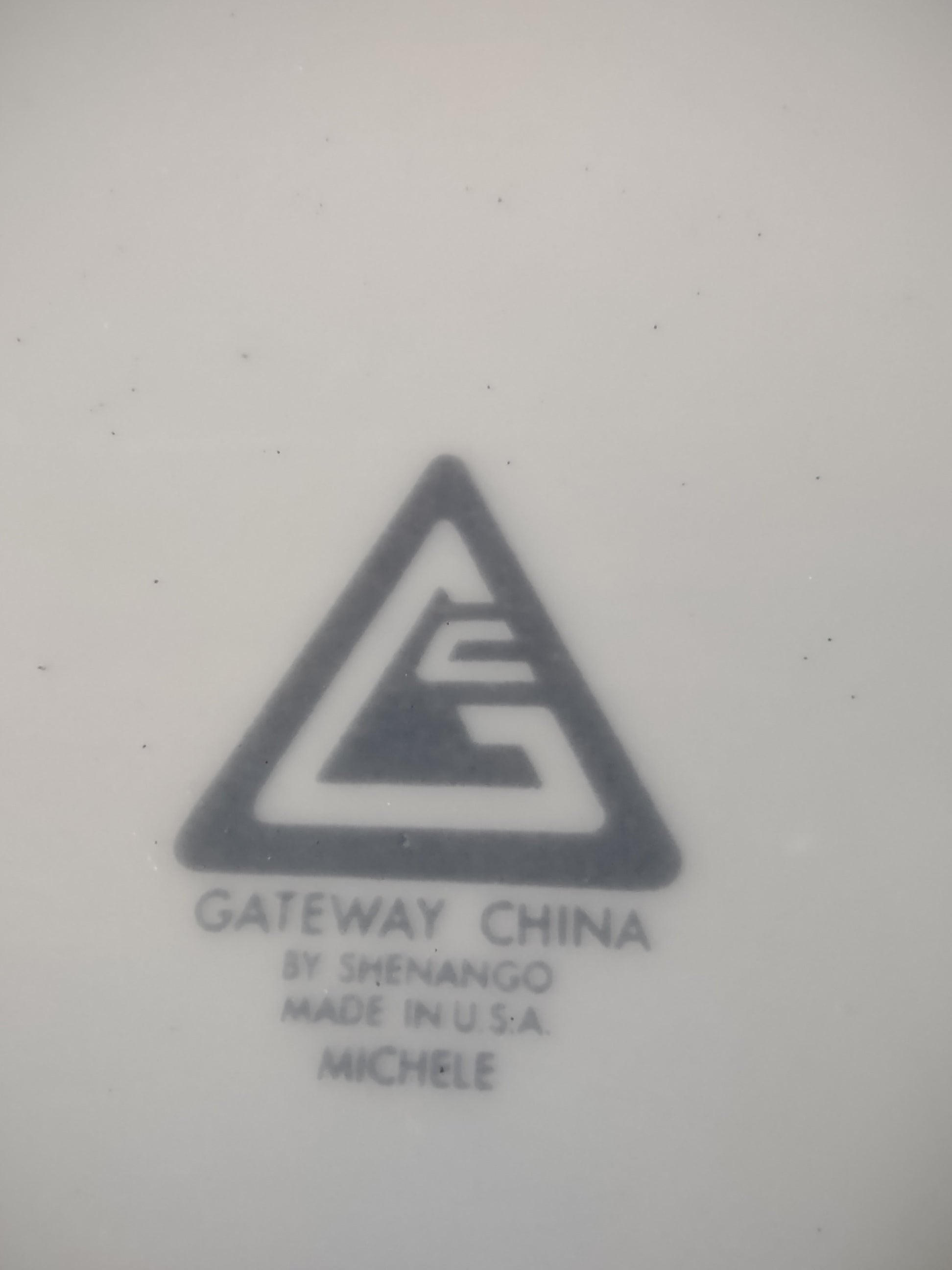 Vintage Shenango Gateway China Michele oval platter - close-up of Gateway China by Shenango Made in USA backstamp