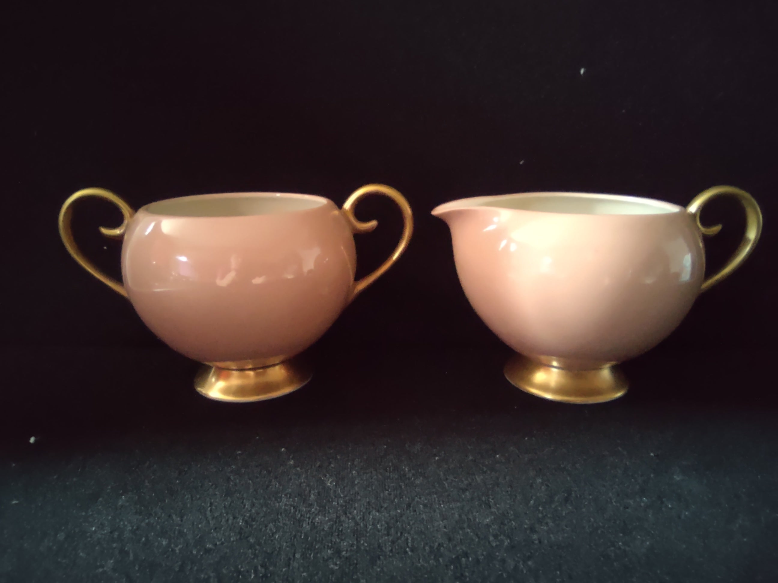 Vintage Flintridge China Pink and Gold Bouillon Cup - side view showing pink glaze and gold scrolled handle