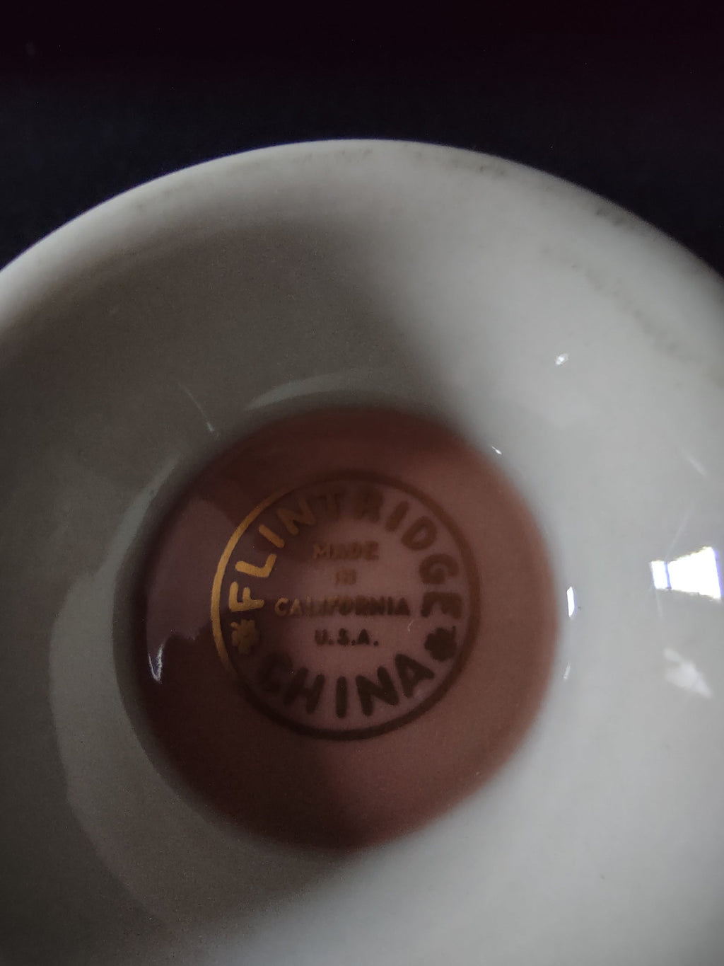 Vintage Flintridge China Pink and Gold Bouillon Cup - close-up of backstamp reading Flintridge China USA