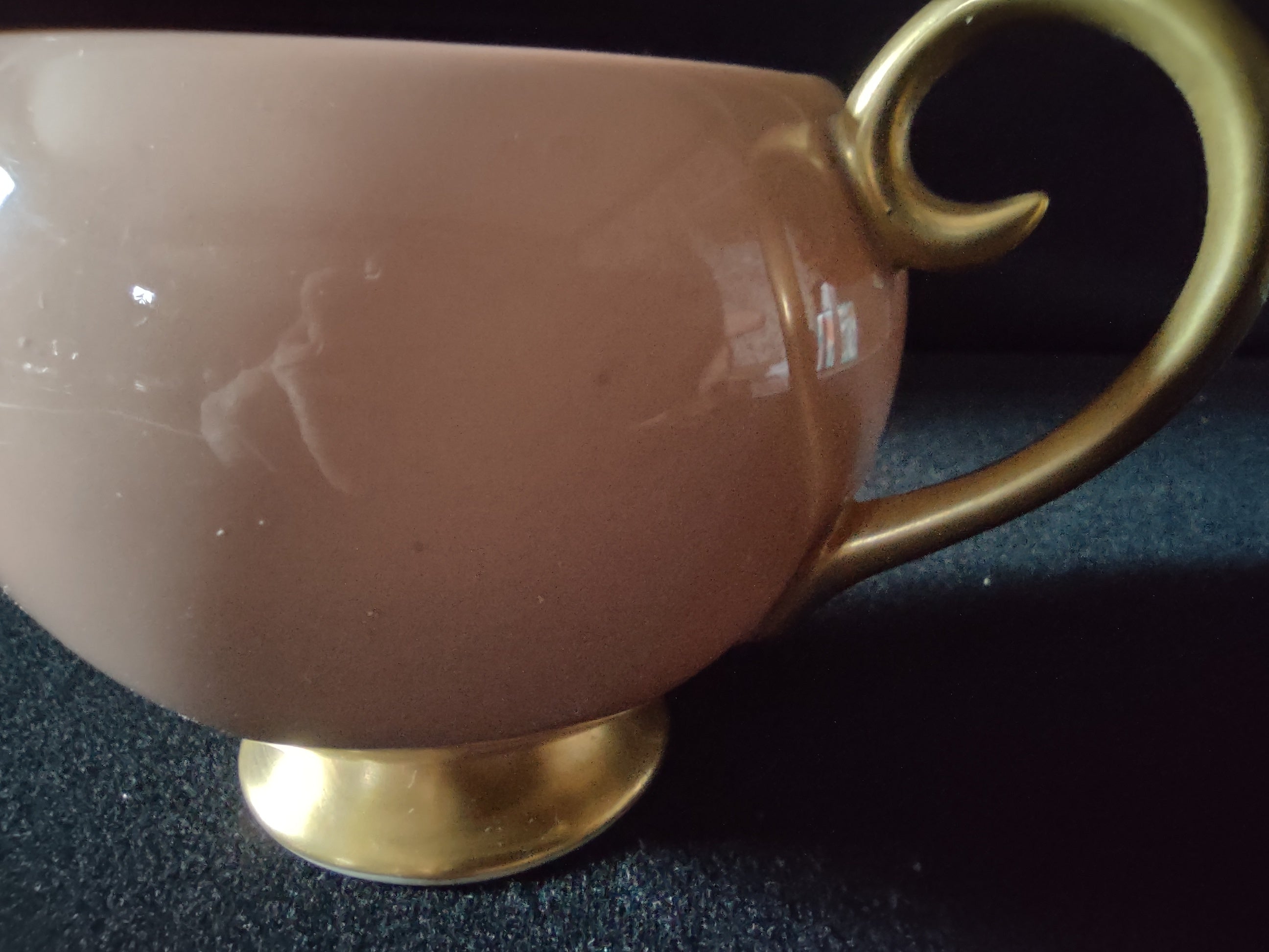 Vintage Flintridge China Pink and Gold Bouillon Cup - close-up of gold handle detail