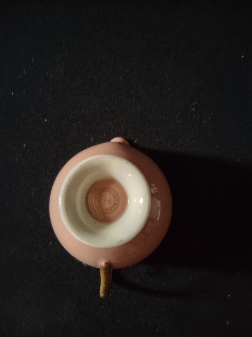 Vintage Flintridge China Pink and Gold Bouillon Cup - top view showing both handles and interior