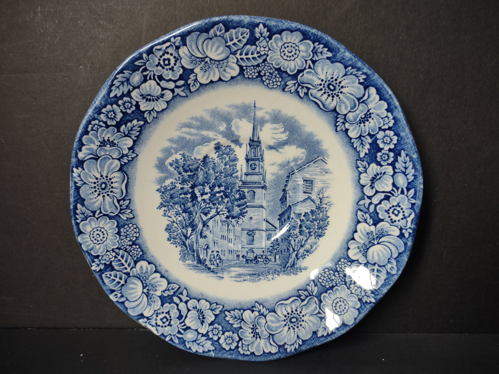 Vintage Liberty Blue Old North Church saucer - front view with ruler showing 6" diameter