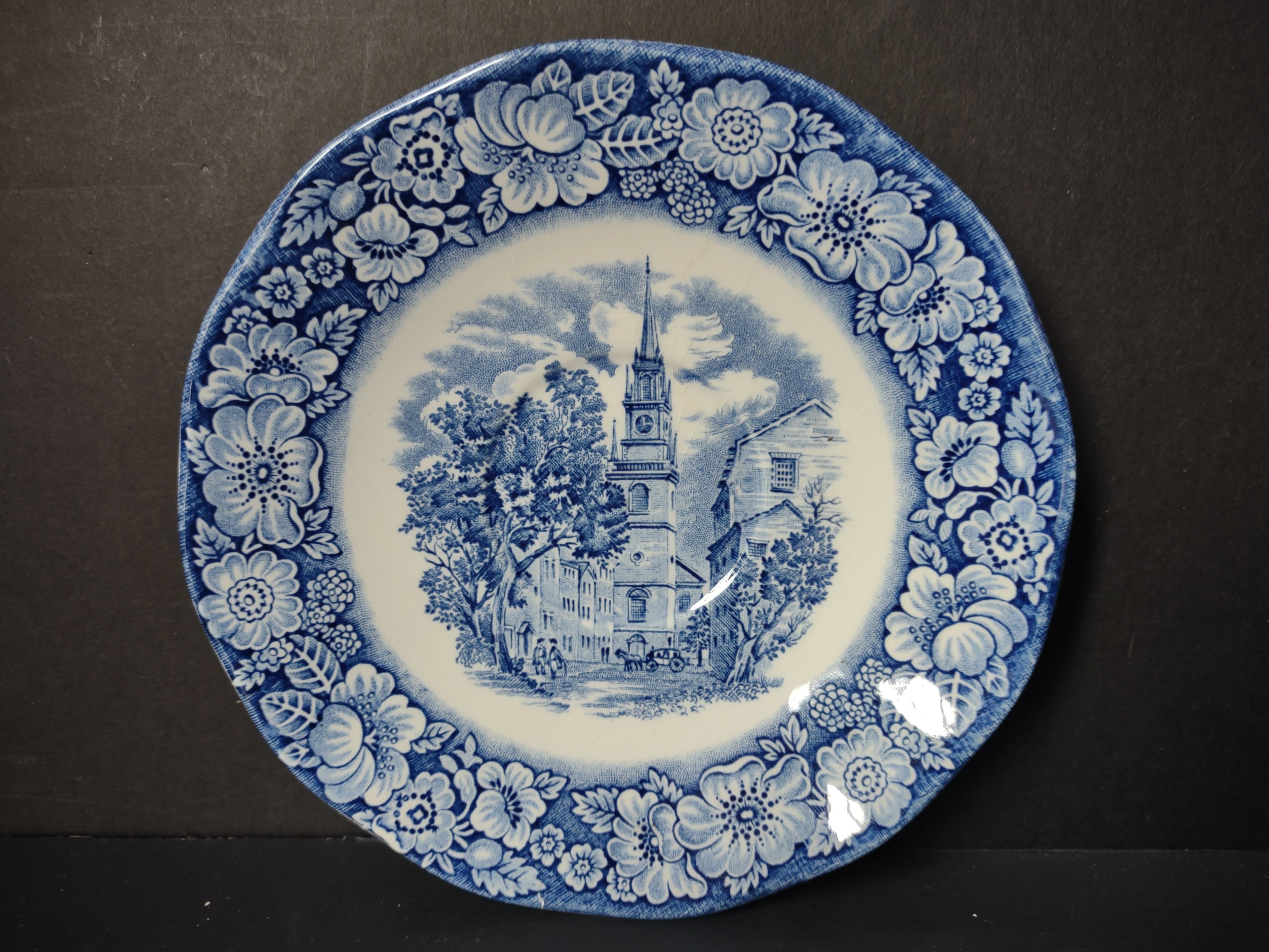 Vintage Liberty Blue Old North Church saucer - front view with ruler showing 6" diameter