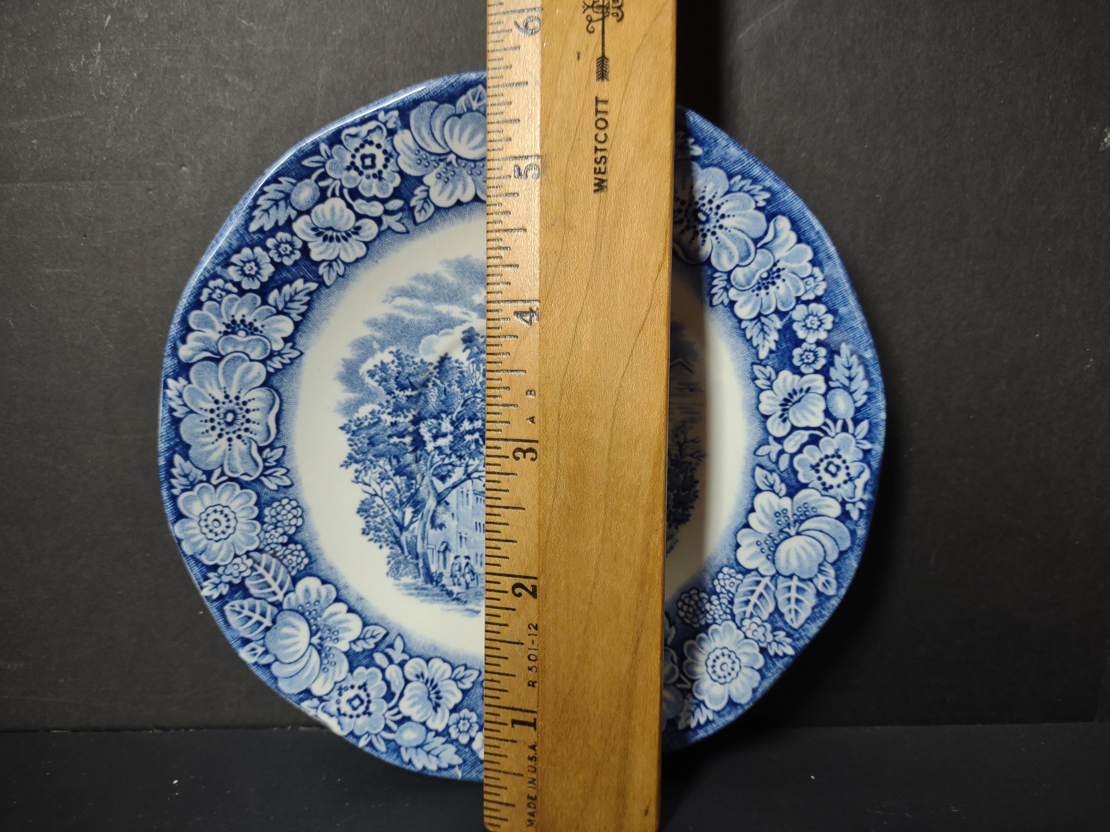 Vintage Liberty Blue Old North Church saucer - close-up of church scene with horse carriage and figures