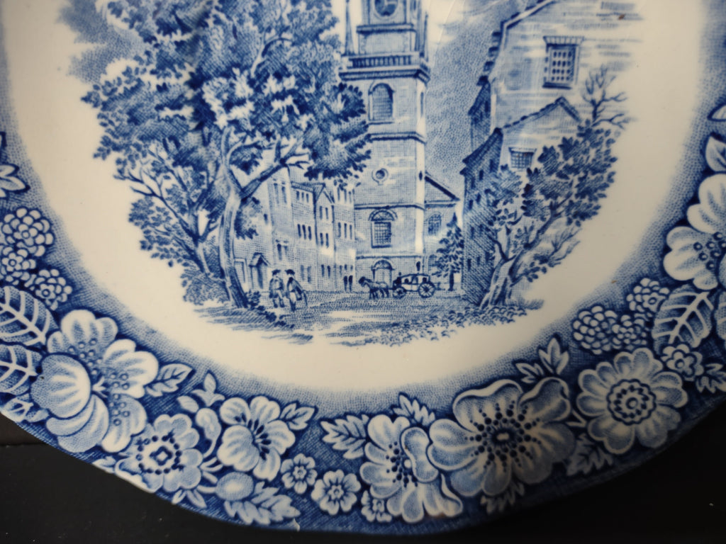 Vintage Liberty Blue Old North Church saucer - full face view of cobalt blue transferware scene