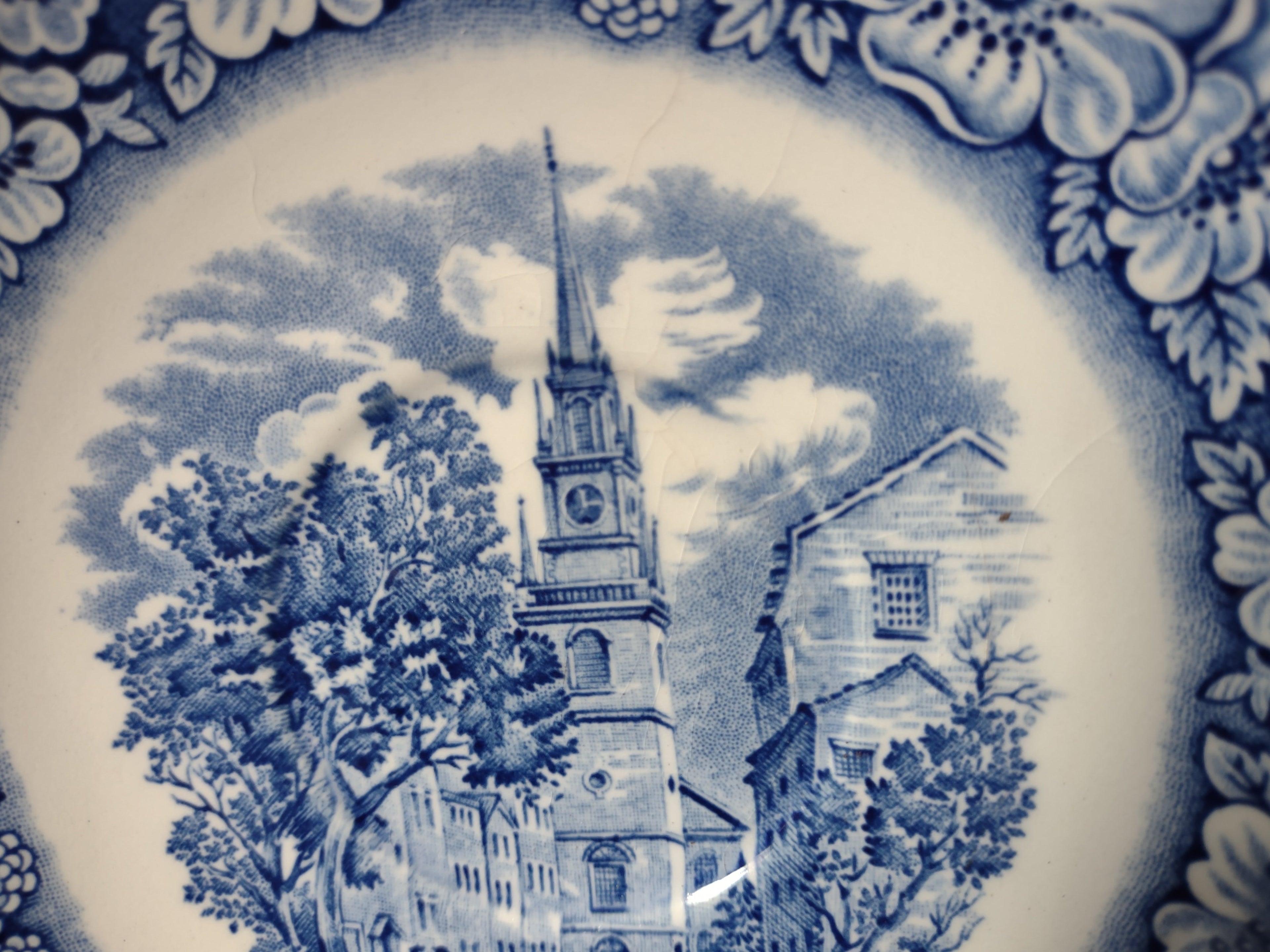Vintage Liberty Blue Old North Church saucer - back showing Liberty Blue Historic Colonial Scenes Old North Church Made in England backstamp
