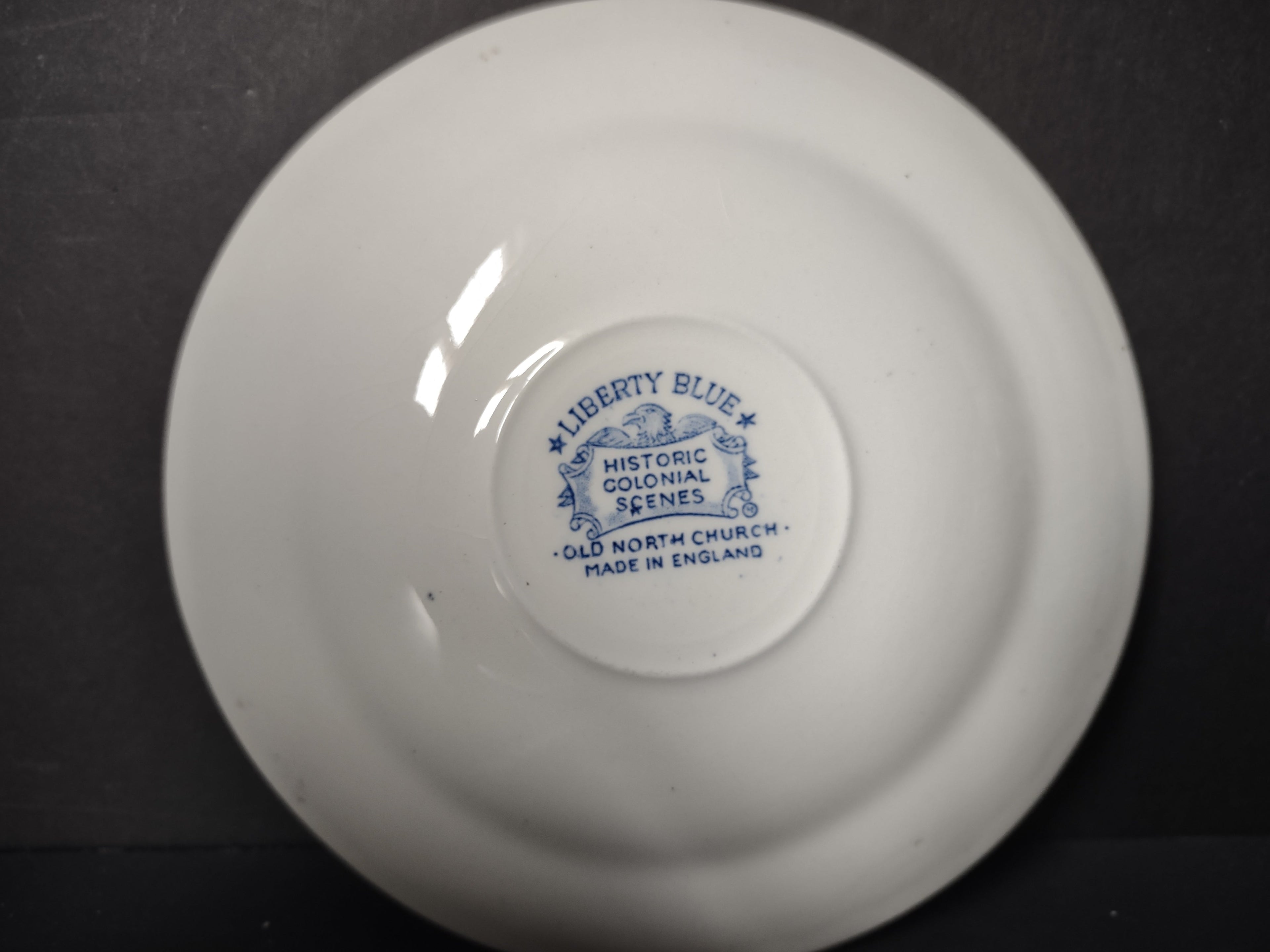 Vintage Liberty Blue Old North Church saucer - full backstamp close-up Liberty Blue Historic Colonial Scenes