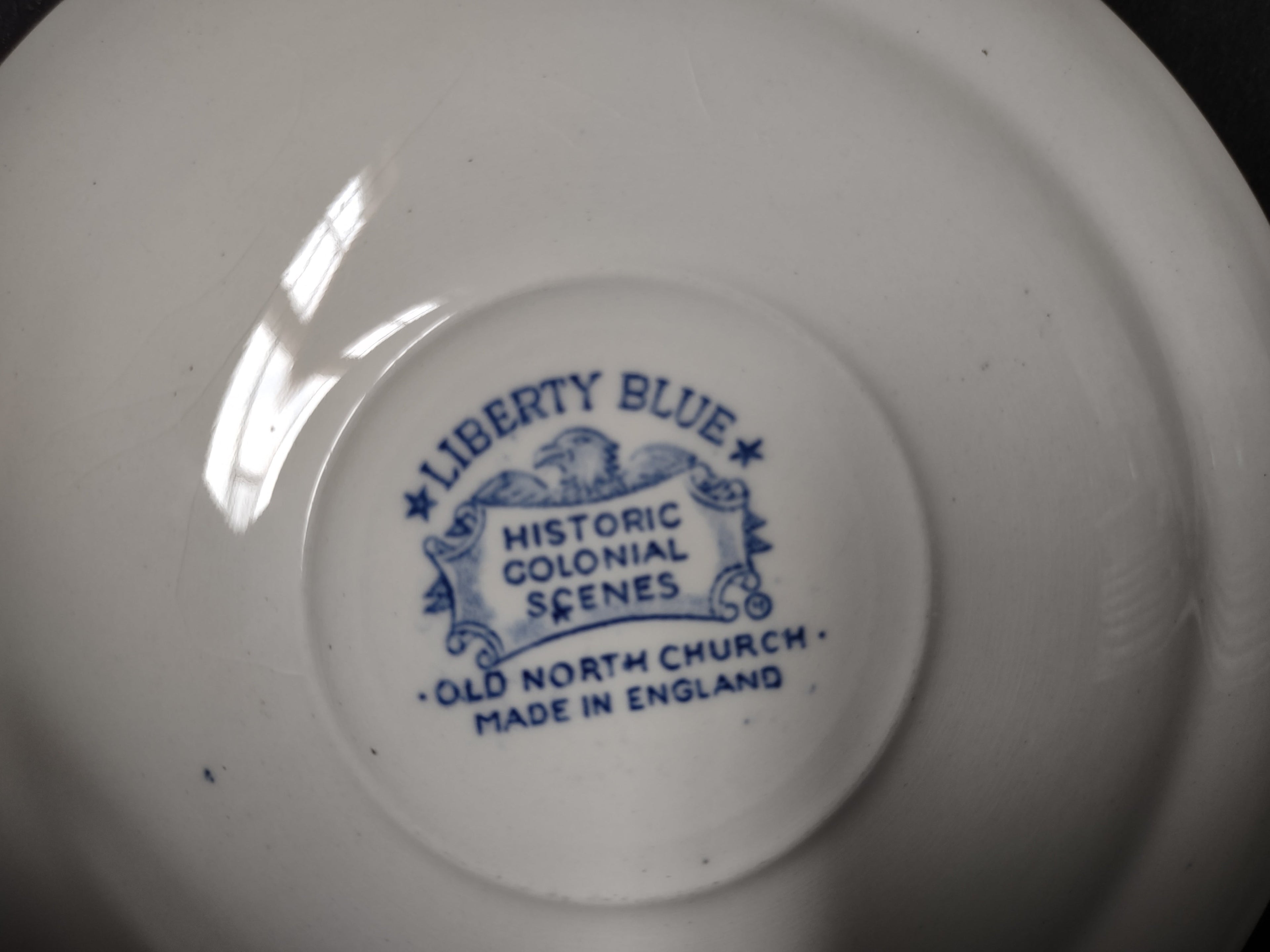 Vintage Liberty Blue Old North Church saucer - backstamp detail Made in England