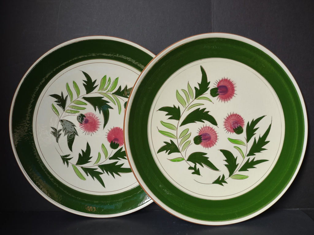 Vintage Stangl Pottery Thistle plates set of 2 - both plates showing green rim and pink thistle pattern