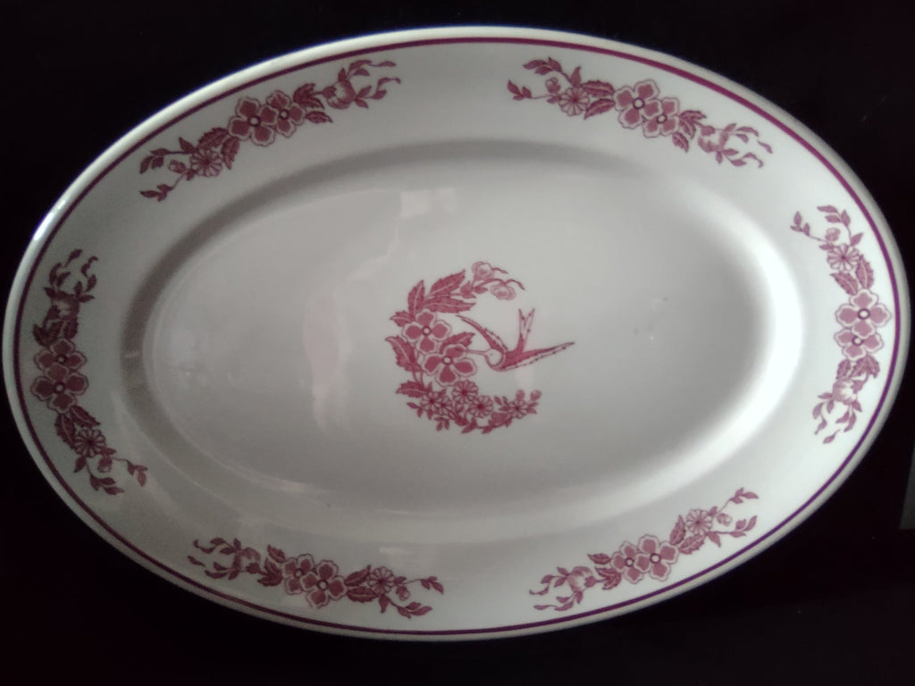 Vintage Jackson China Pink Hummingbird Floral Oval Platter - close-up of hummingbird and floral center motif