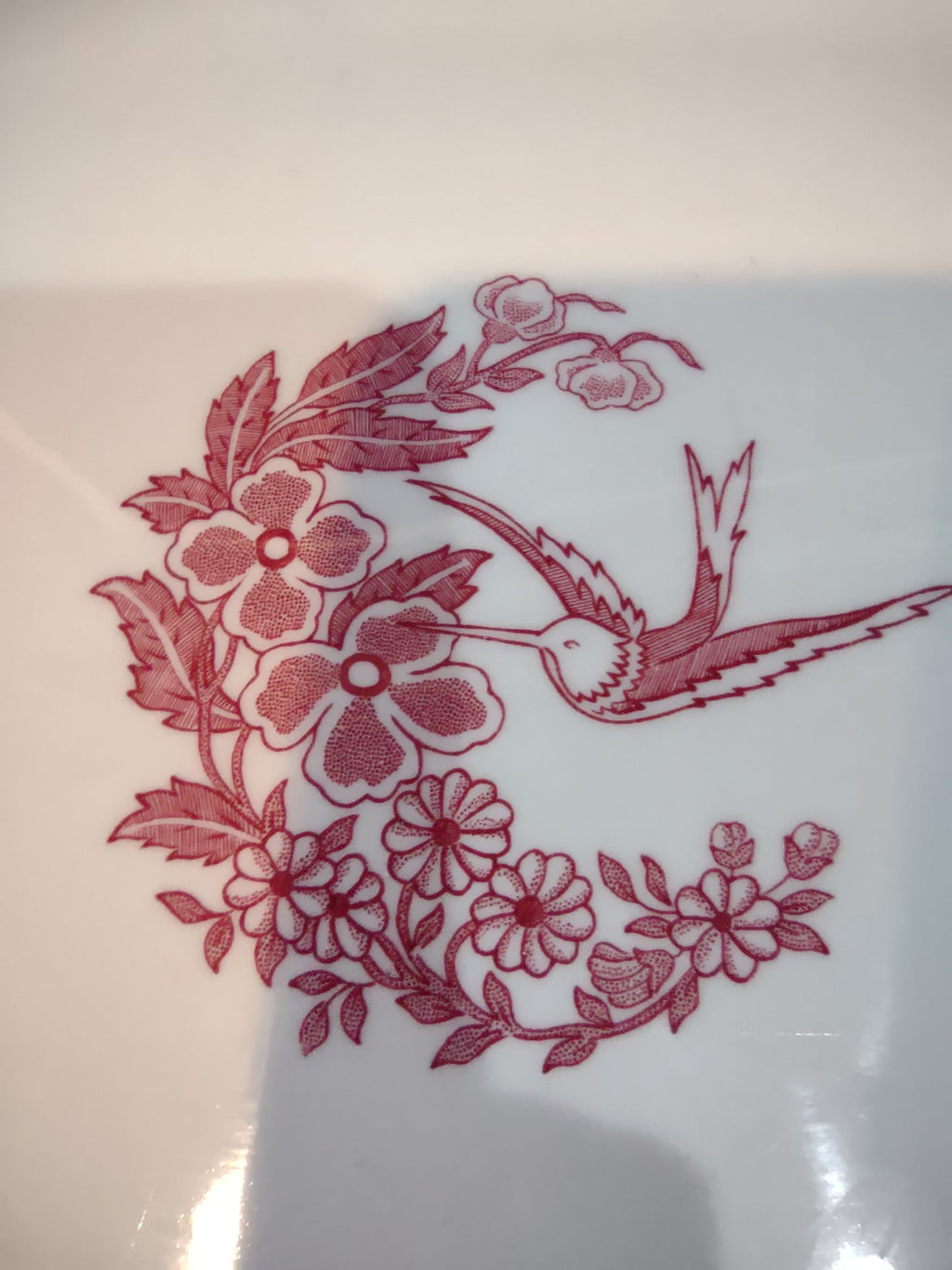 Vintage Jackson China Pink Hummingbird Floral Oval Platter - rim detail showing double red pinstripe and floral border