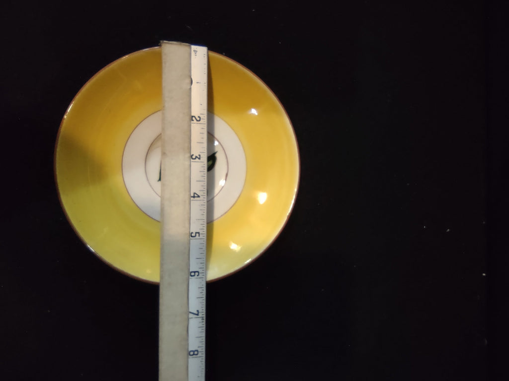 Vintage Stangl Pottery Blueberry Yellow Saucer - back view with ruler showing ~6" diameter