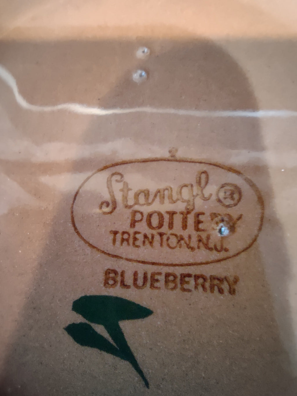 Vintage Stangl Pottery Blueberry Yellow Saucer - close-up of backstamp reading Stangl Pottery Trenton NJ Blueberry