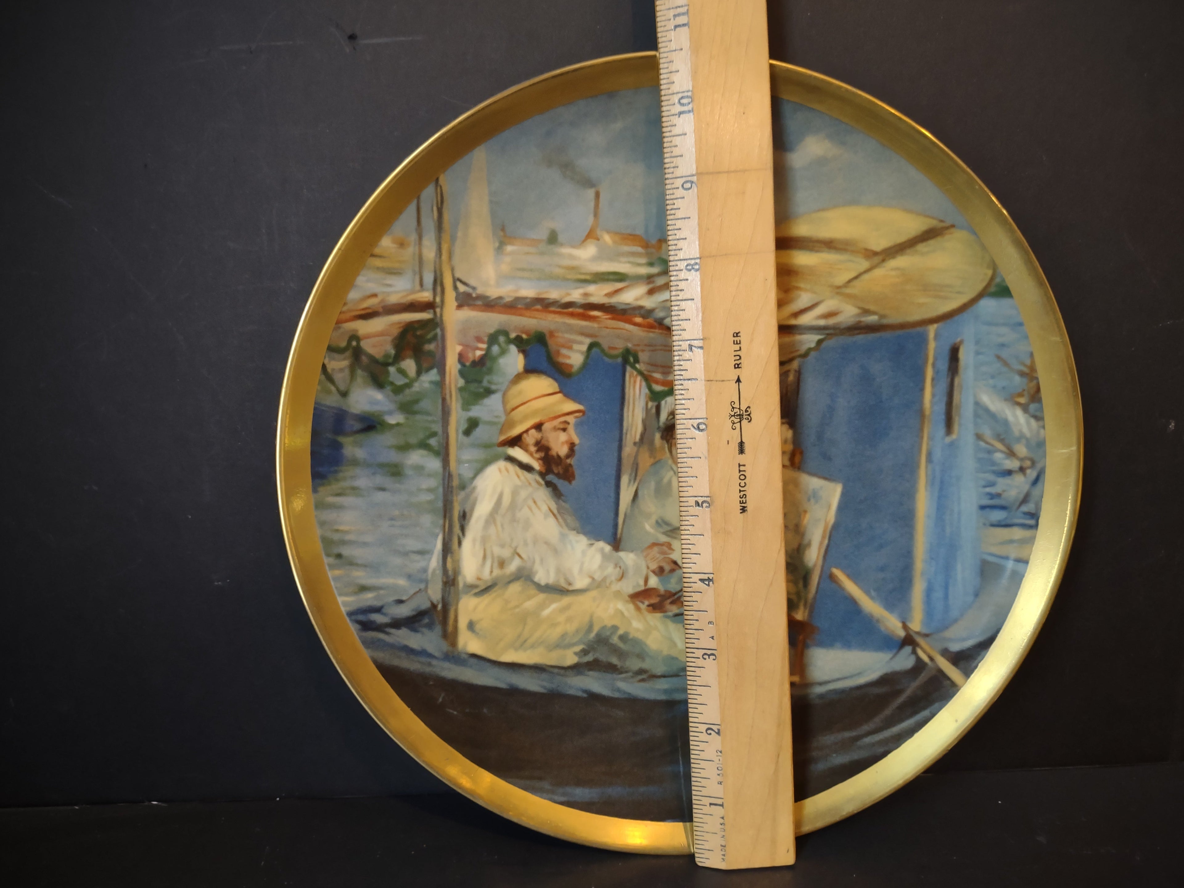 Vintage Art Creations by Sabin plate - close-up of Manet Monet Studio Boat scene detail