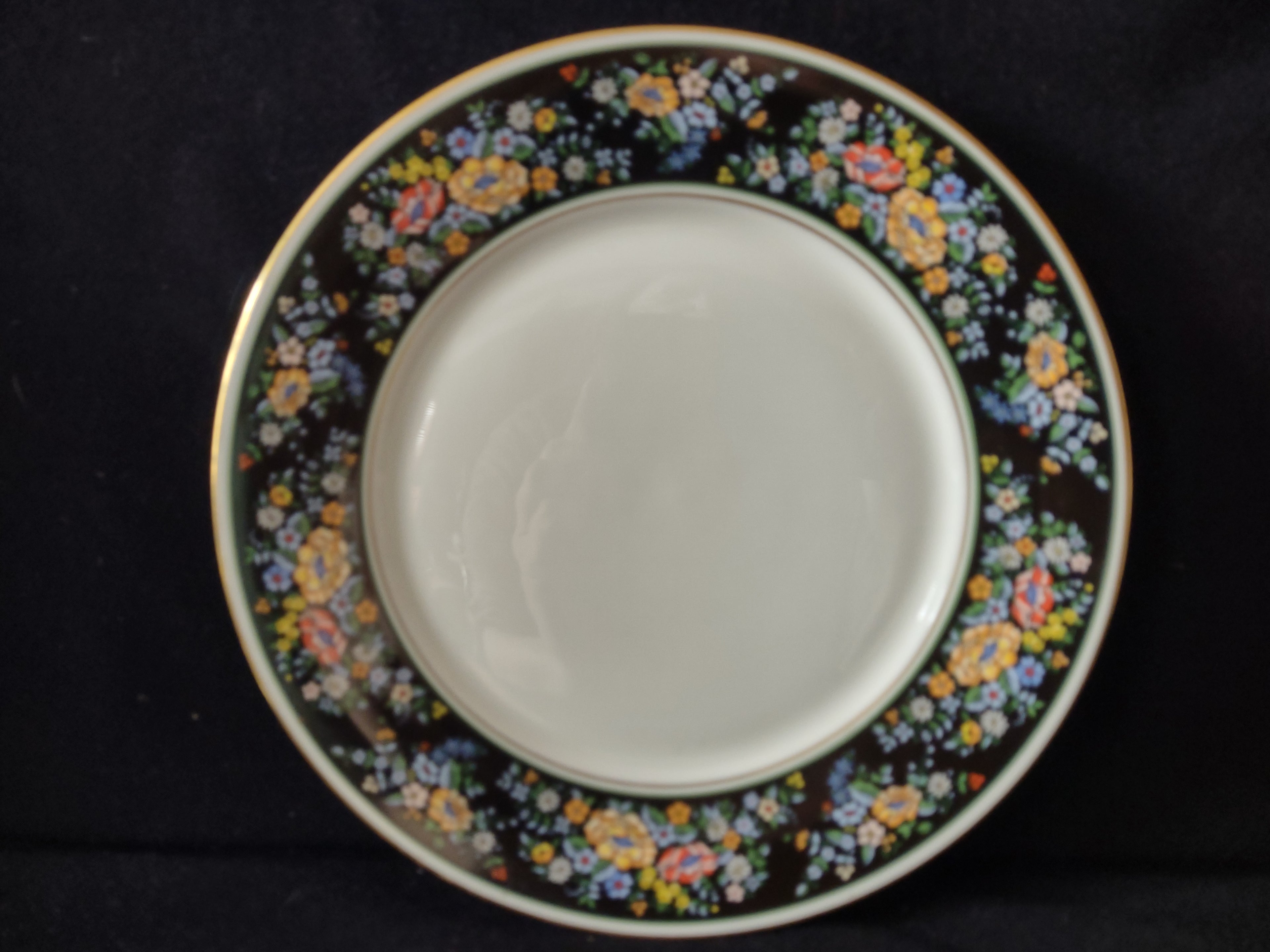 Vintage Oxford Bone China Sutton Place Black Floral Gold Trim Dinner Plate [6883]