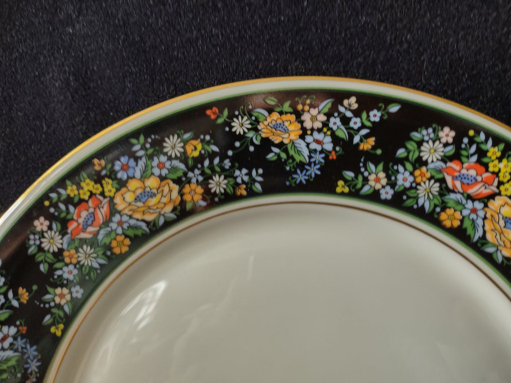 Vintage Oxford Bone China Sutton Place Black Floral Gold Trim Dinner Plate [6883]