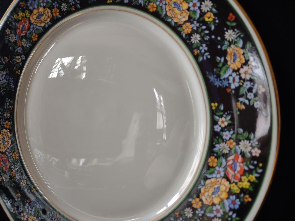 Vintage Oxford Bone China Sutton Place Black Floral Gold Trim Dinner Plate [6883]