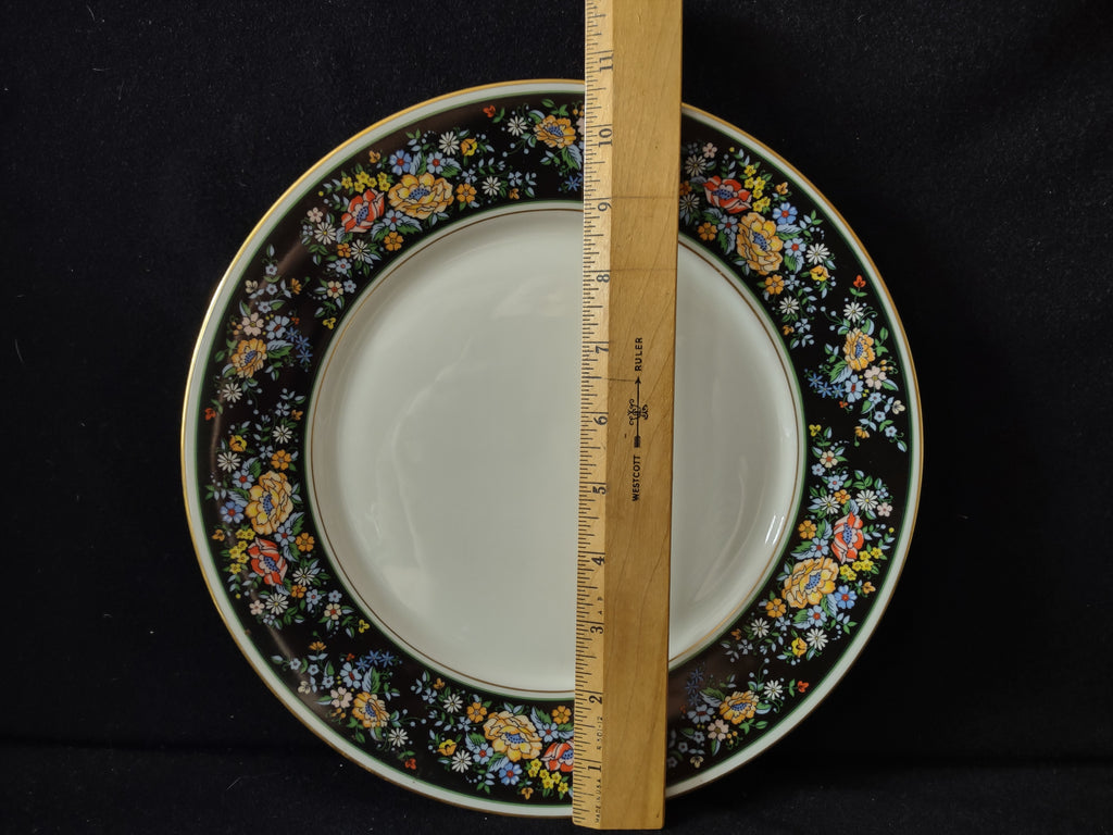 Vintage Oxford Bone China Sutton Place Black Floral Gold Trim Dinner Plate [6883]