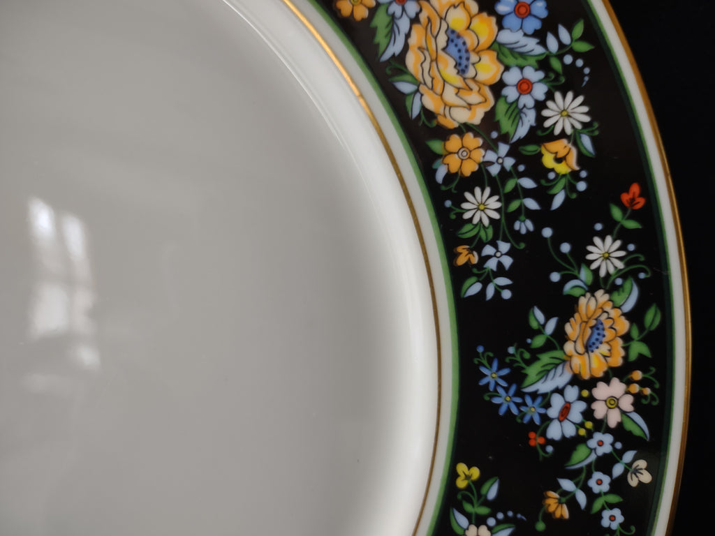 Vintage Oxford Bone China Sutton Place Black Floral Gold Trim Dinner Plate [6883]