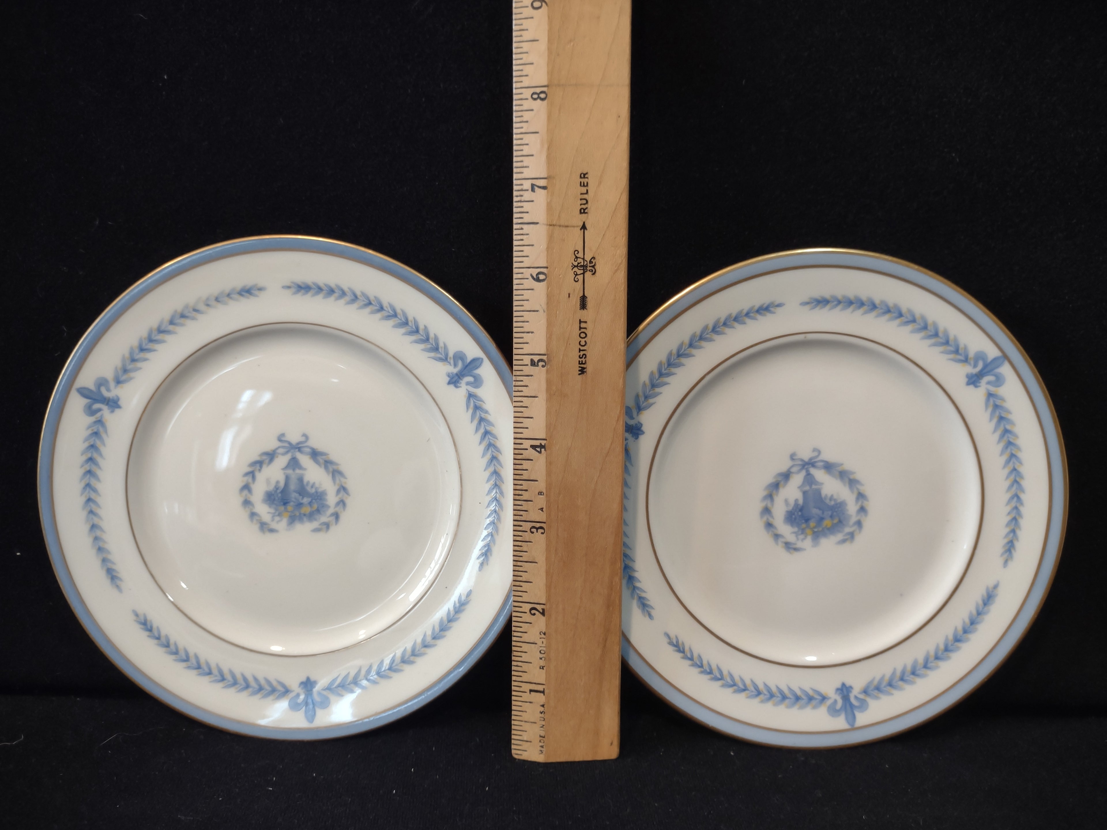 Vintage Lamberton China Puritane Blue Gold Fleur-de-Lis Small Bread Plate x 2 [6887]