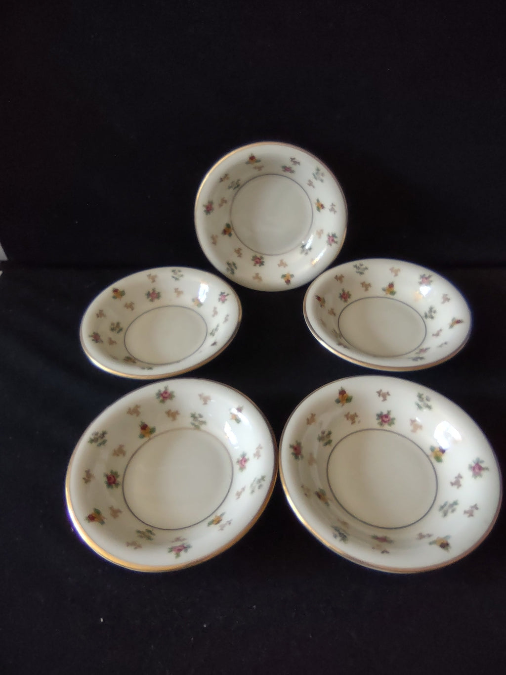 Vintage Lamberton Ivory China Molly Pitcher Berry Bowl Set of 5 [6904] - top view with ruler showing approximately 5.5 inch diameter