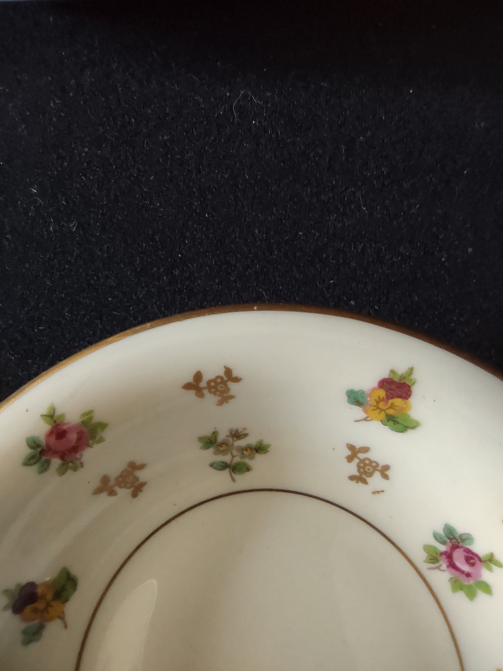 Vintage Lamberton Ivory China Molly Pitcher Berry Bowl Set of 5 [6904] - rim detail showing gold band with age-appropriate discoloration