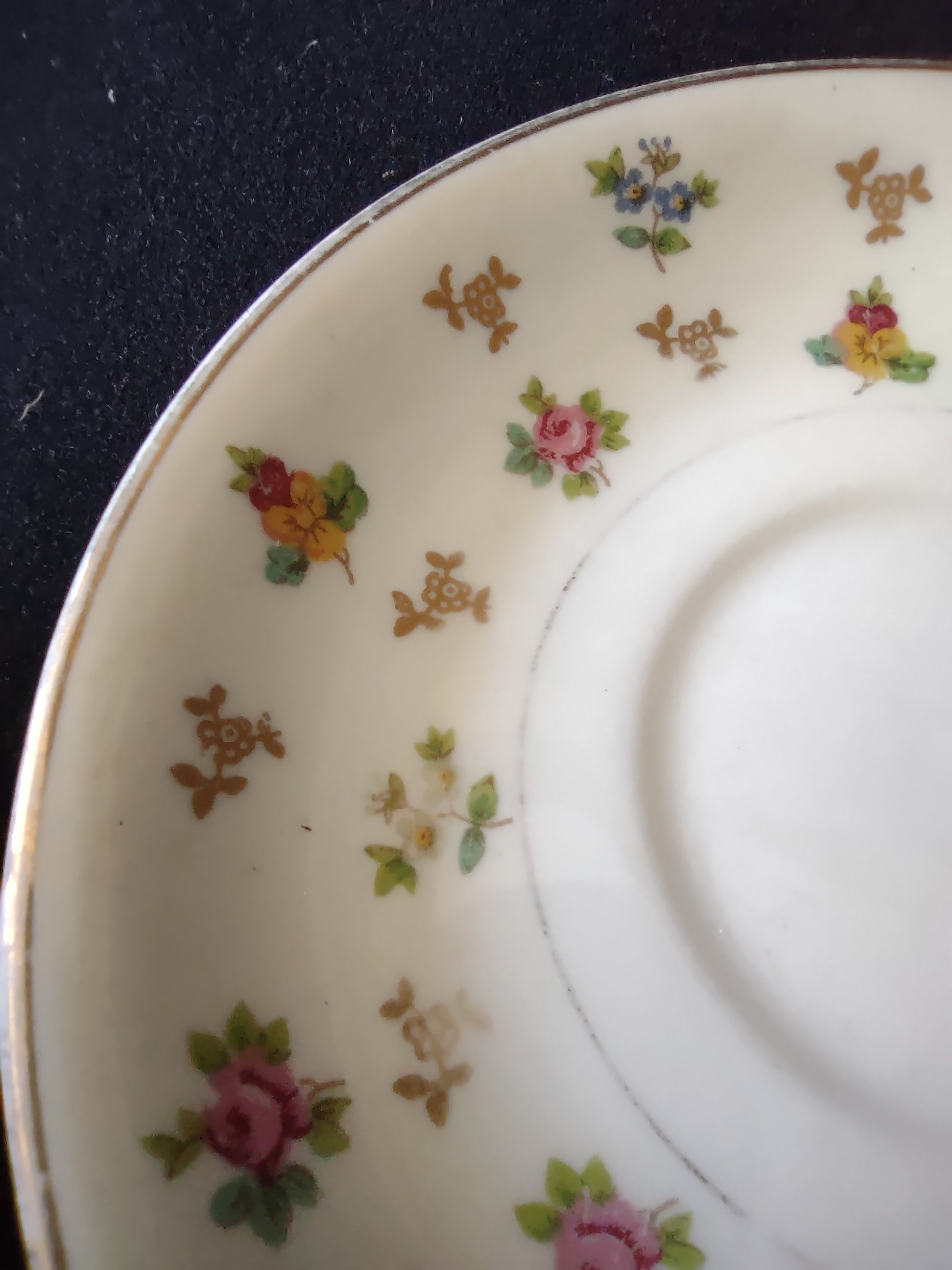 Vintage Lamberton Ivory China Molly Pitcher Floral Saucer [6905] - rim detail showing gold band with age-appropriate discoloration and inner gold line