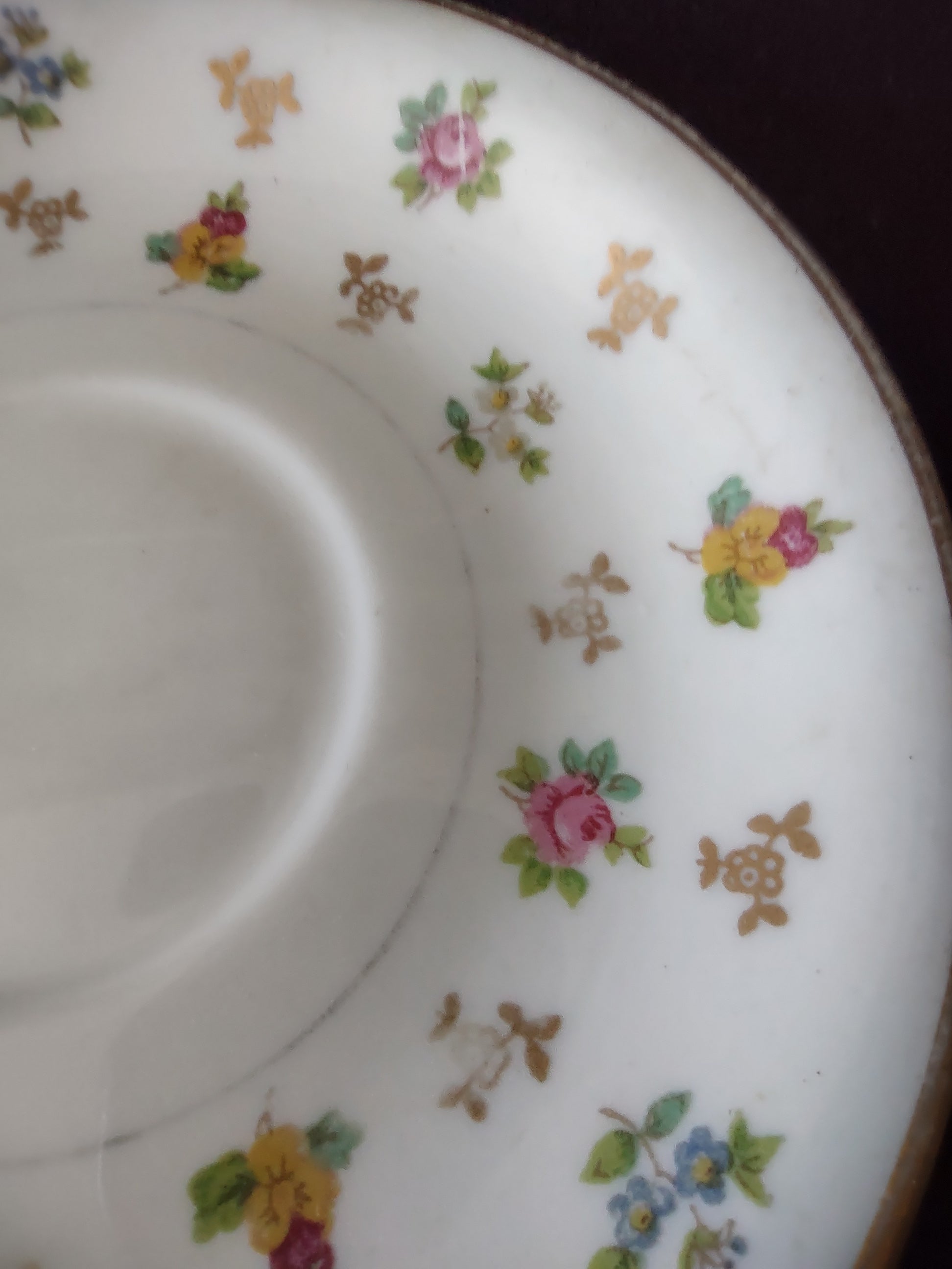 Vintage Lamberton Ivory China Molly Pitcher Floral Saucer [6905] - pattern detail showing pink roses, red and yellow blooms with gold foliate motifs