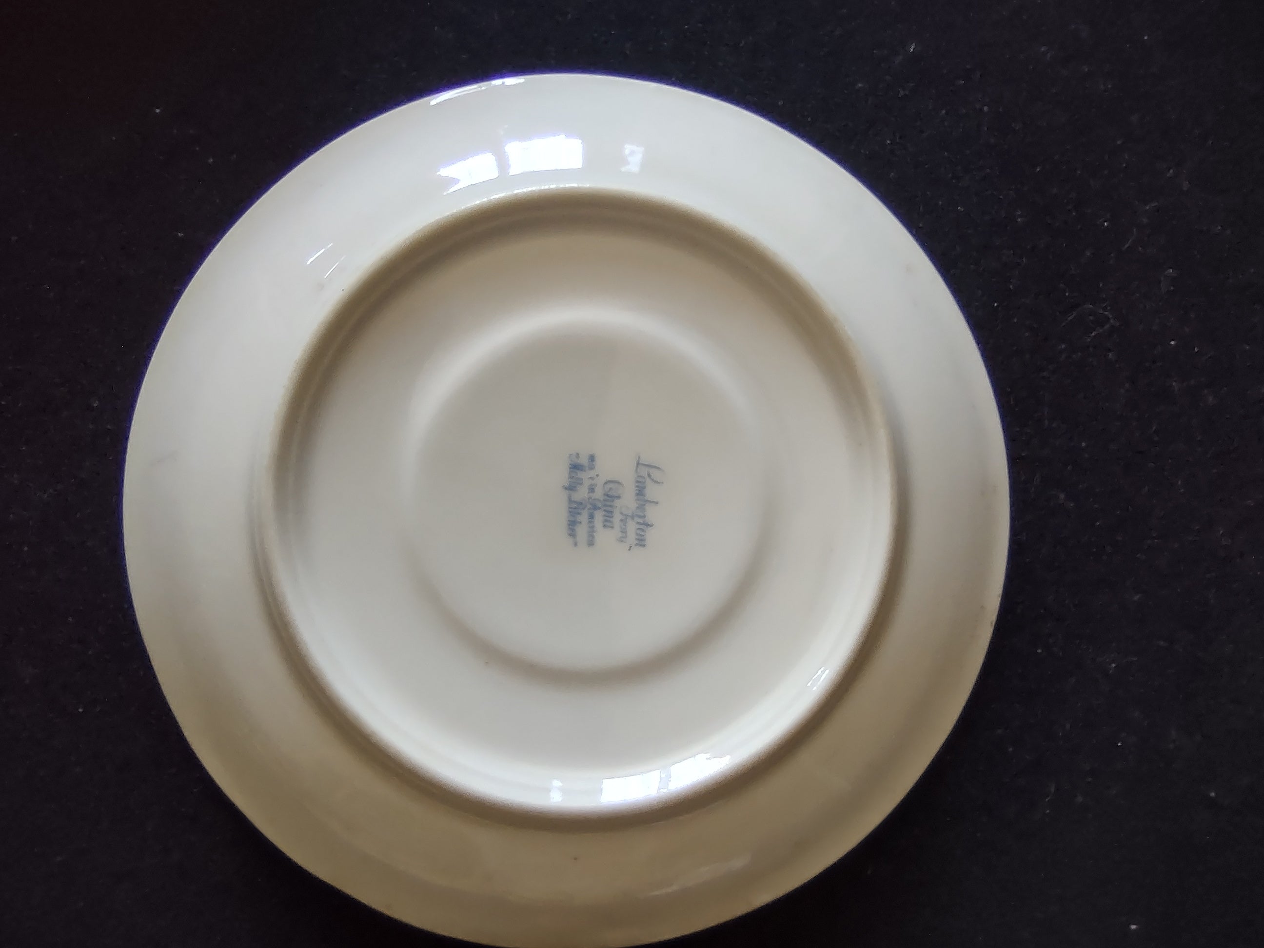 Vintage Lamberton Ivory China Molly Pitcher Floral Saucer [6905] - underside showing small blue backstamp mark