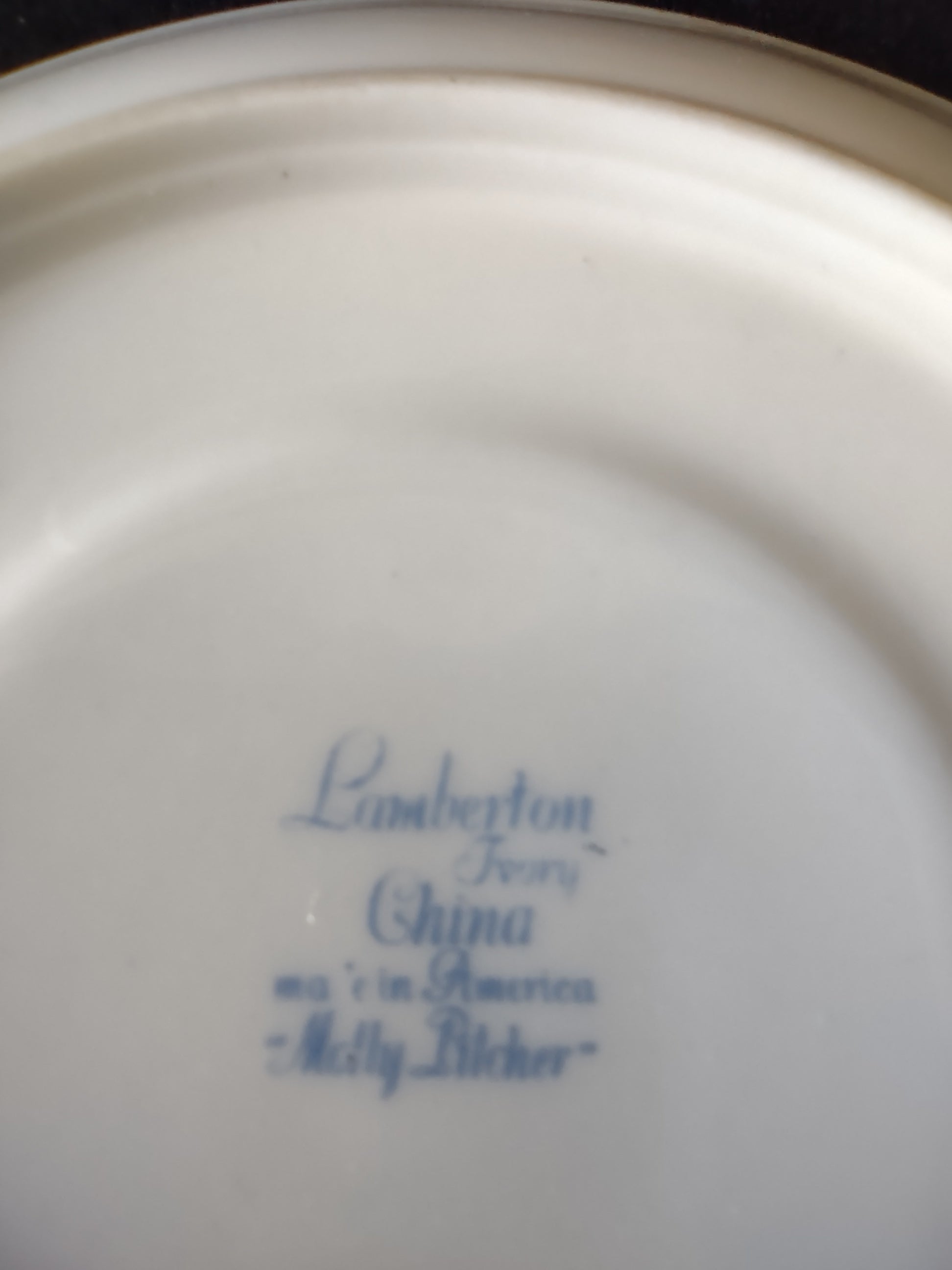 Vintage Lamberton Ivory China Molly Pitcher Floral Saucer [6905] - top view showing scattered floral pattern with pink roses, yellow pansies, blue forget-me-nots and gold foliate motifs