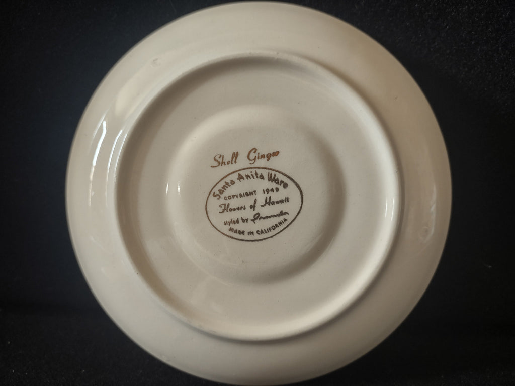 Santa Anita Ware Shell Ginger saucer backstamp showing Flowers of Hawaii copyright 1949 styled by Irameda Made in California