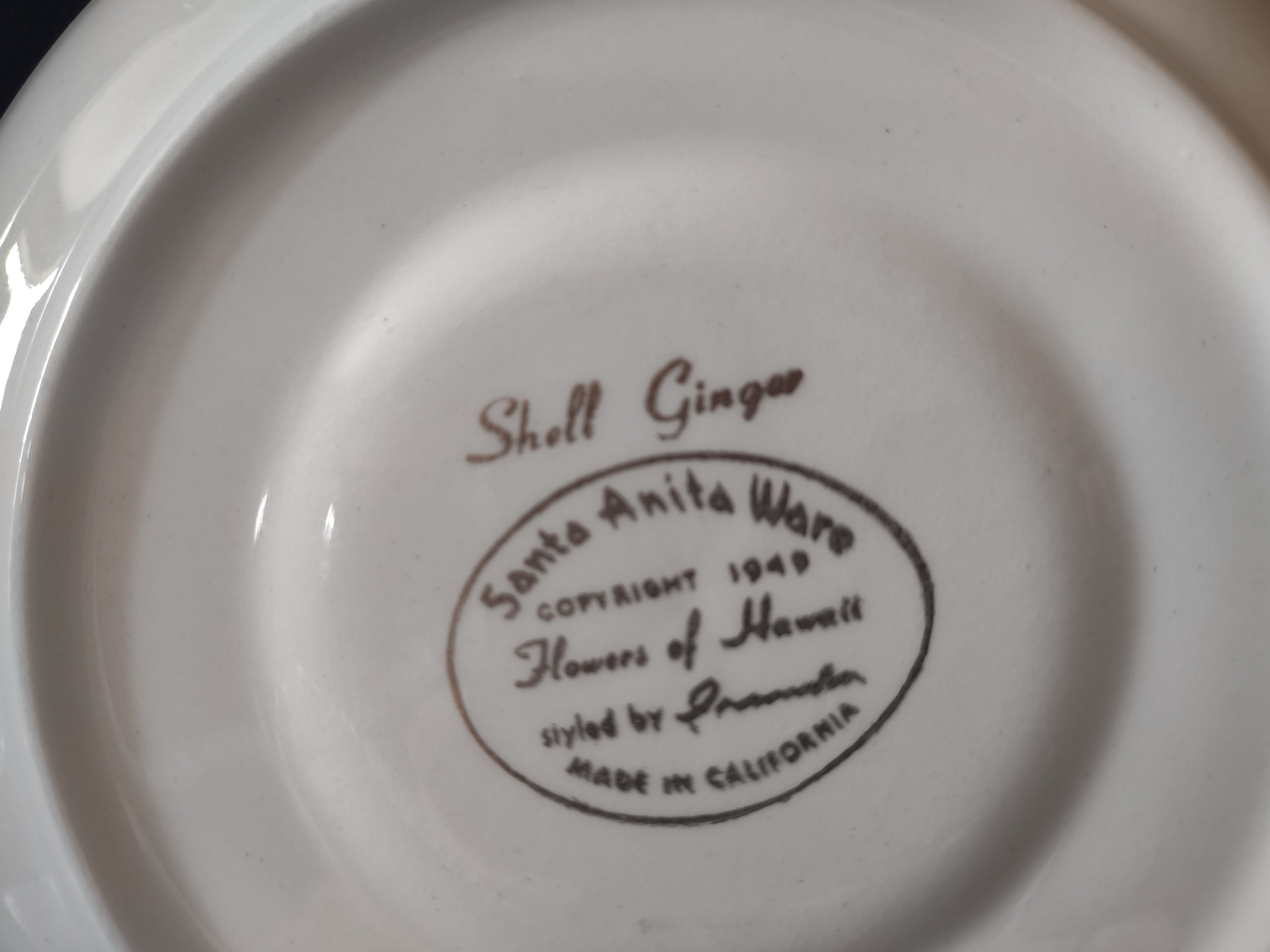 Santa Anita Ware Shell Ginger saucer backstamp close-up
