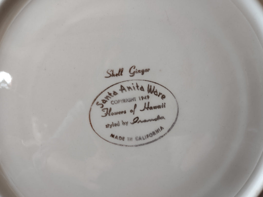 Santa Anita Ware Shell Ginger backstamp showing Flowers of Hawaii copyright 1949 styled by Irameda