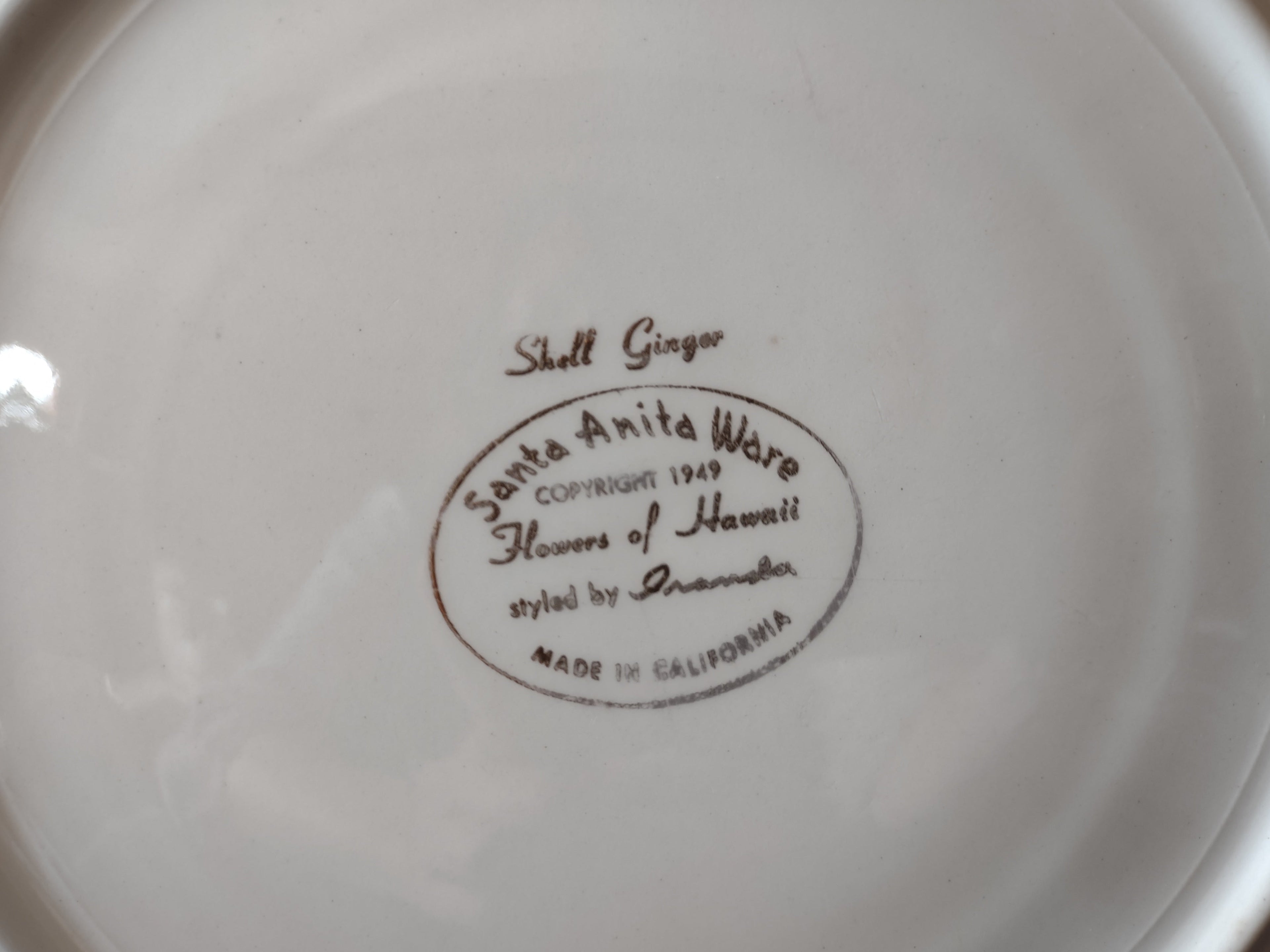 Santa Anita Ware Shell Ginger backstamp showing Flowers of Hawaii copyright 1949 styled by Irameda